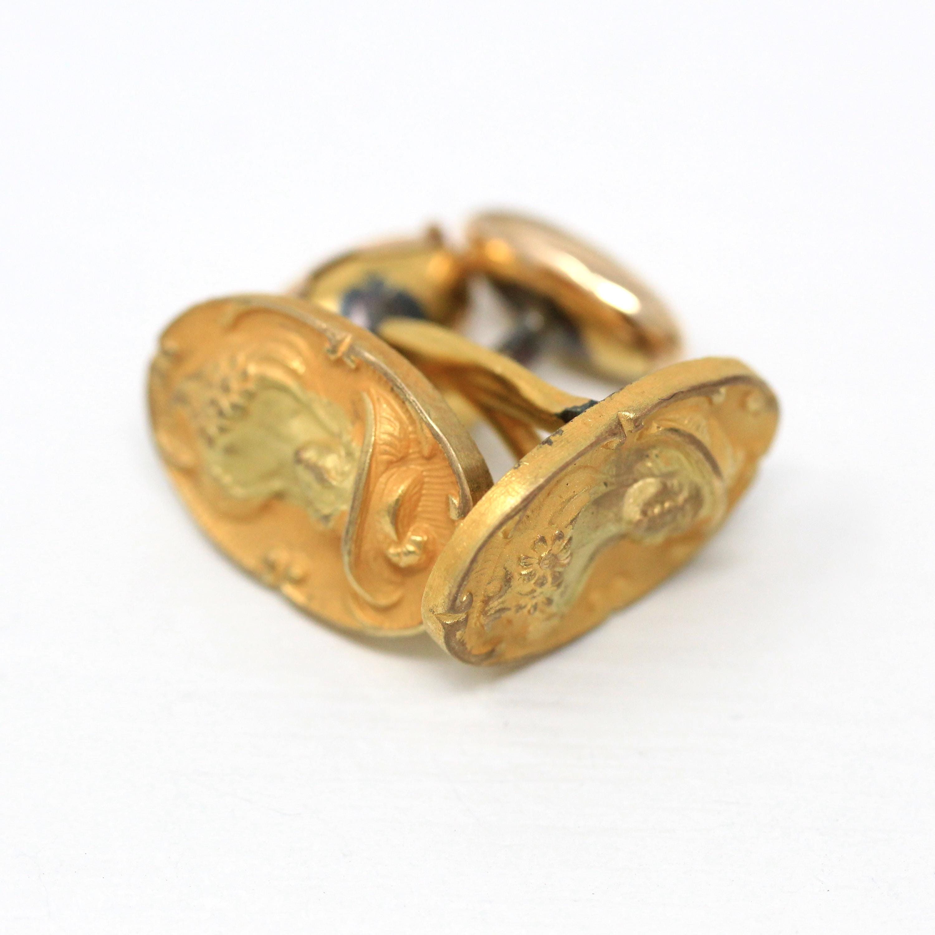 Antique Figural Cufflinks - Edwardian Gold Washed Cameo Woman Hat Portrait - Circa Early 1900s Men's Fashion Accessory Unique Floral Jewelry