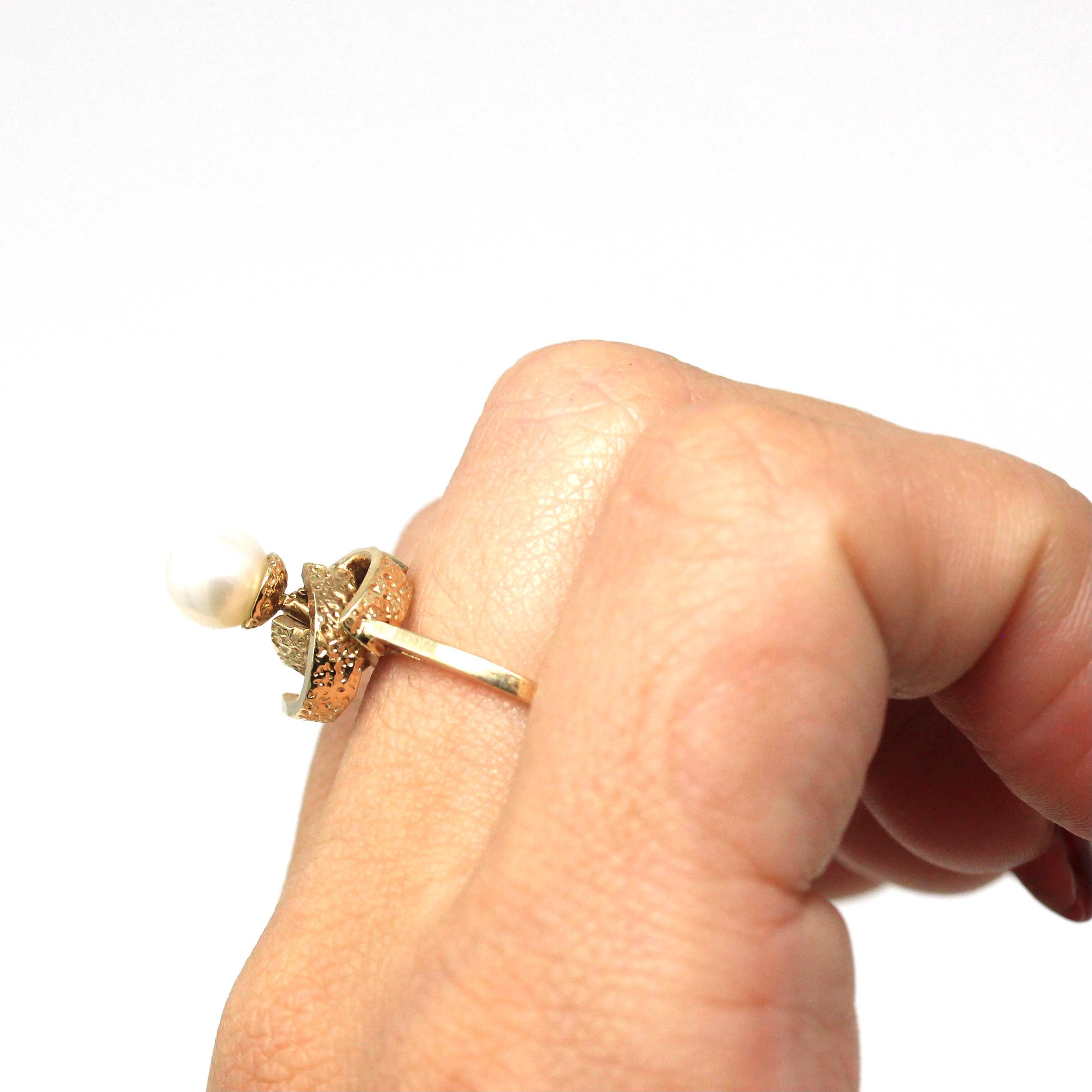 Cultured Pearl Ring - Retro 10k Yellow Gold 6.5 mm Round White Gem - Vintage Circa 1970s Era Size 7 New Old Stock Statement Fine 70s Jewelry