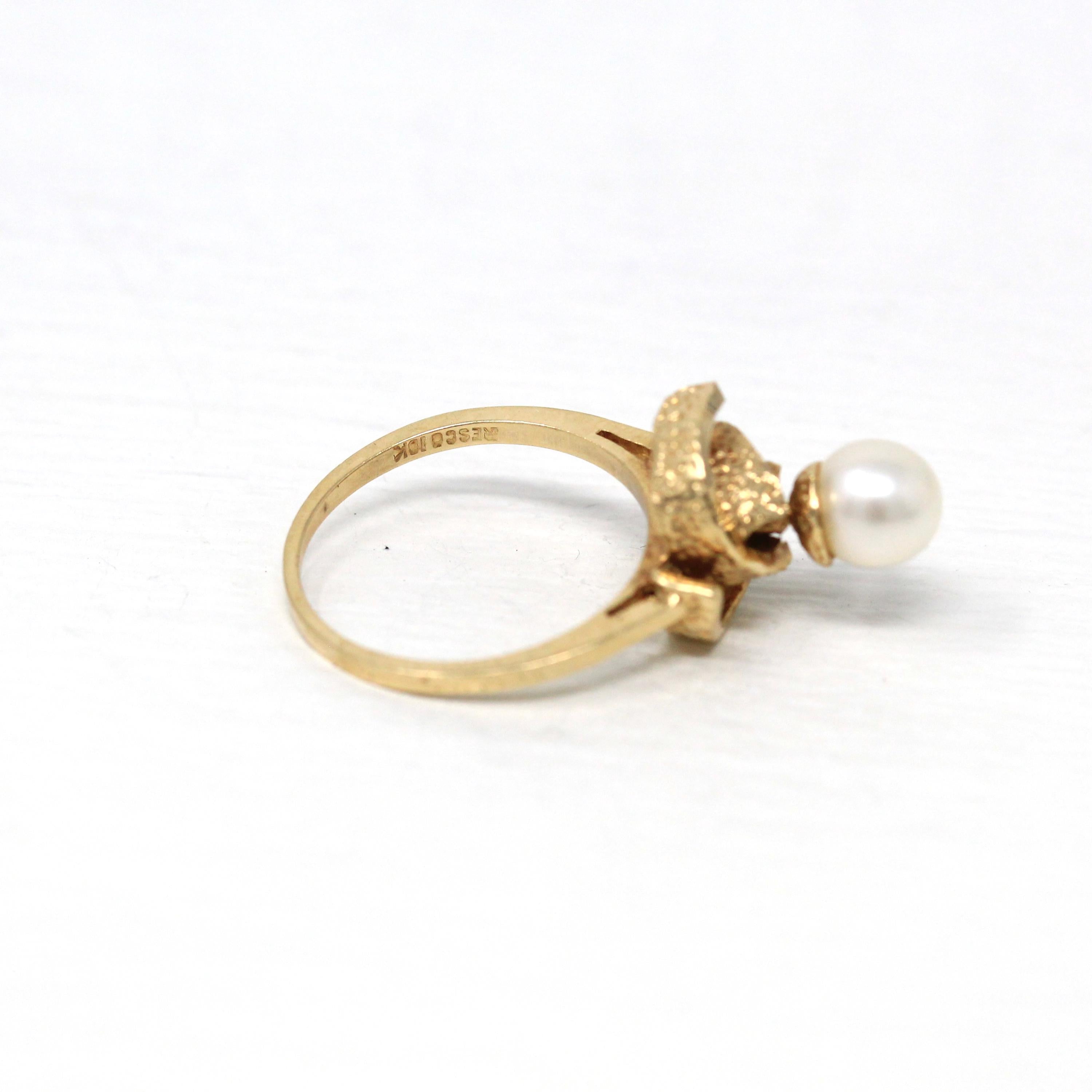Cultured Pearl Ring - Retro 10k Yellow Gold 6.5 mm Round White Gem - Vintage Circa 1970s Era Size 7 New Old Stock Statement Fine 70s Jewelry