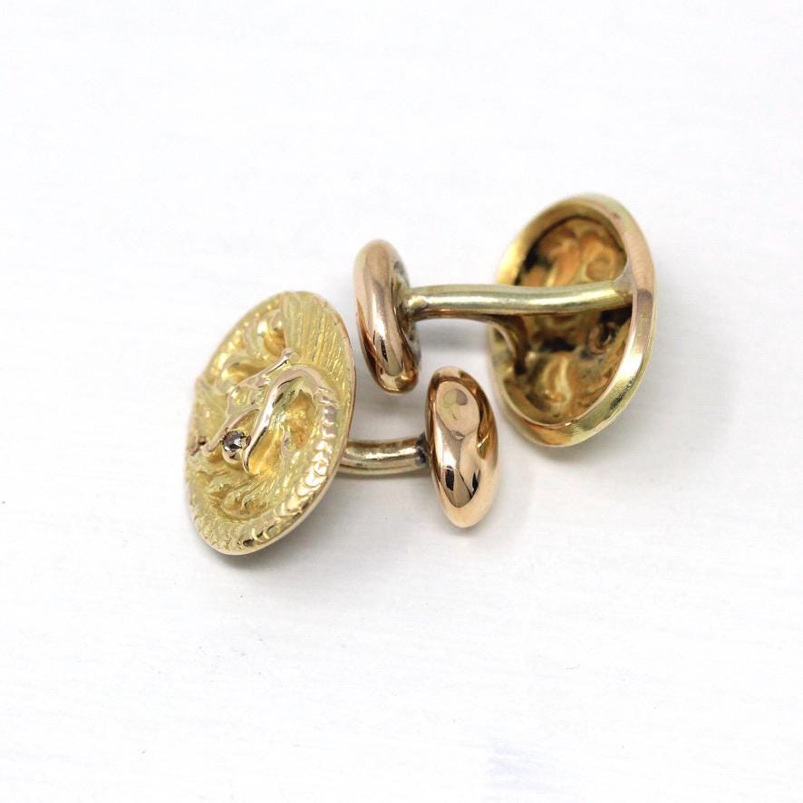 Antique Griffin Cufflinks - Edwardian 10k Yellow Gold Diamond Mythological Creature - Circa Early 1900s Men's Fashion Accessory Fine Jewelry