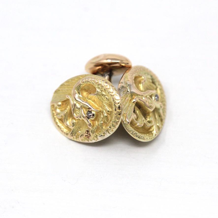 Antique Griffin Cufflinks - Edwardian 10k Yellow Gold Diamond Mythological Creature - Circa Early 1900s Men's Fashion Accessory Fine Jewelry