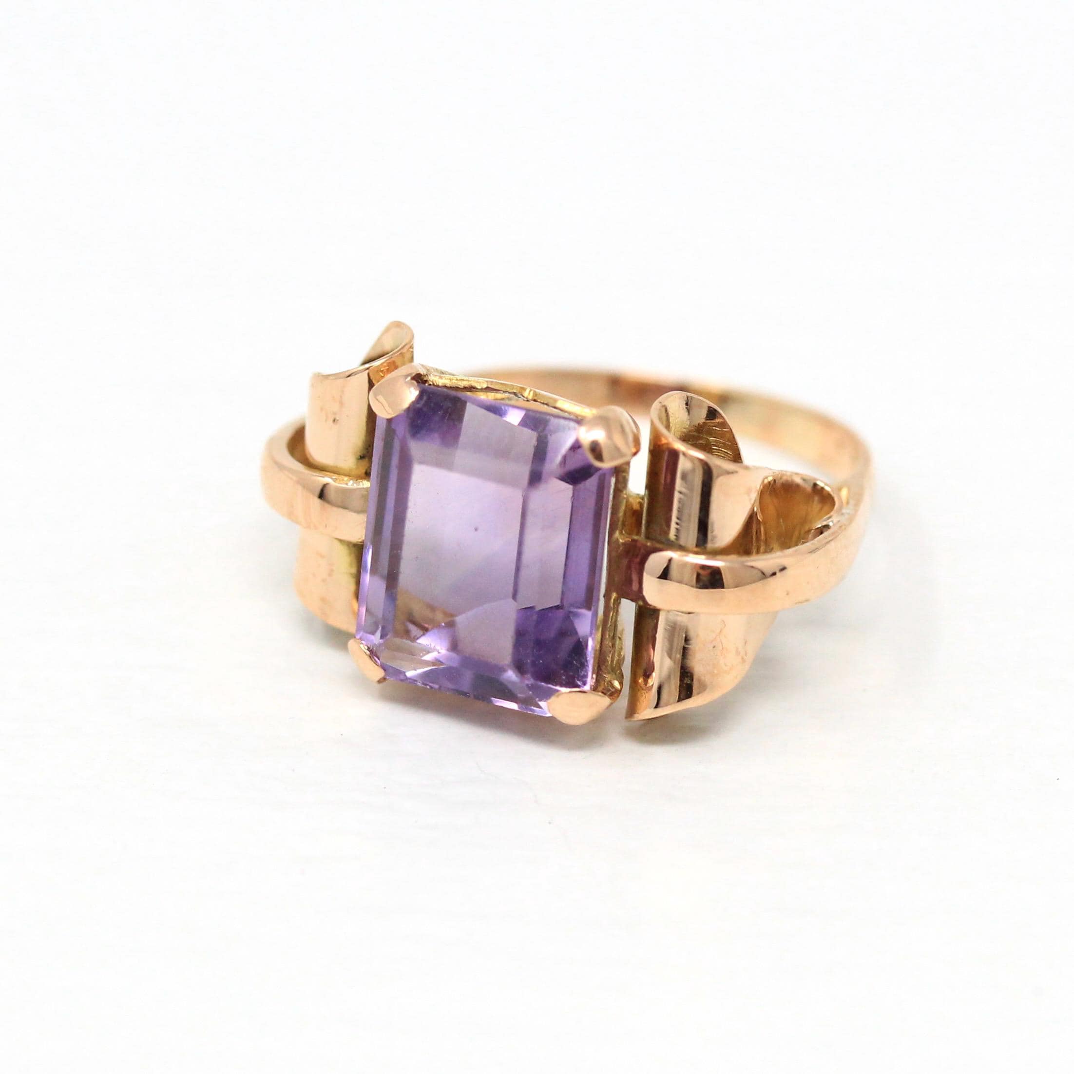 パープルローズ Genuine Amethyst Ring - Vintage 18k Rose Gold Faceted Purple