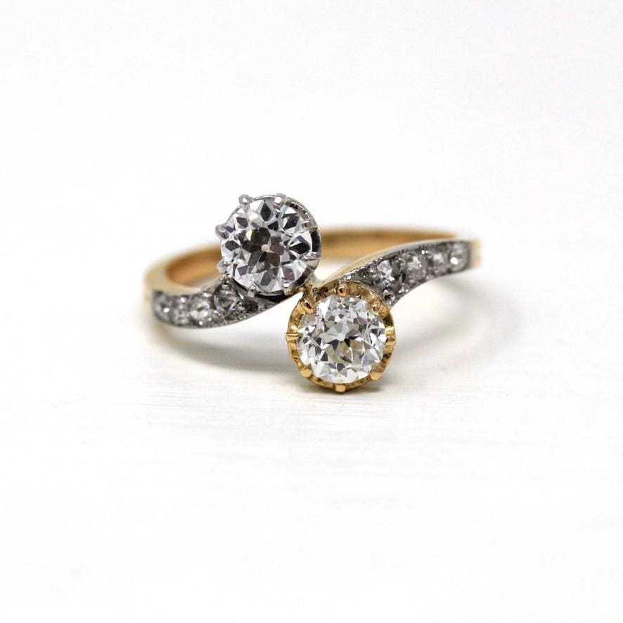 Vintage Engagement Ring - Edwardian Era 18k Yellow Gold Platinum - 1.14 CTW Diamonds Bypass - Toi Et Moi 1910s Size 6 1/4 Jewelry w/ Report