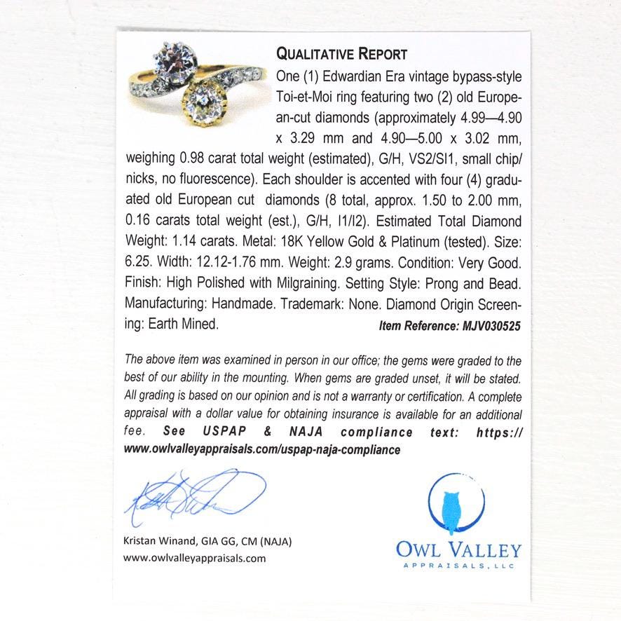 Vintage Engagement Ring - Edwardian Era 18k Yellow Gold Platinum - 1.14 CTW Diamonds Bypass - Toi Et Moi 1910s Size 6 1/4 Jewelry w/ Report