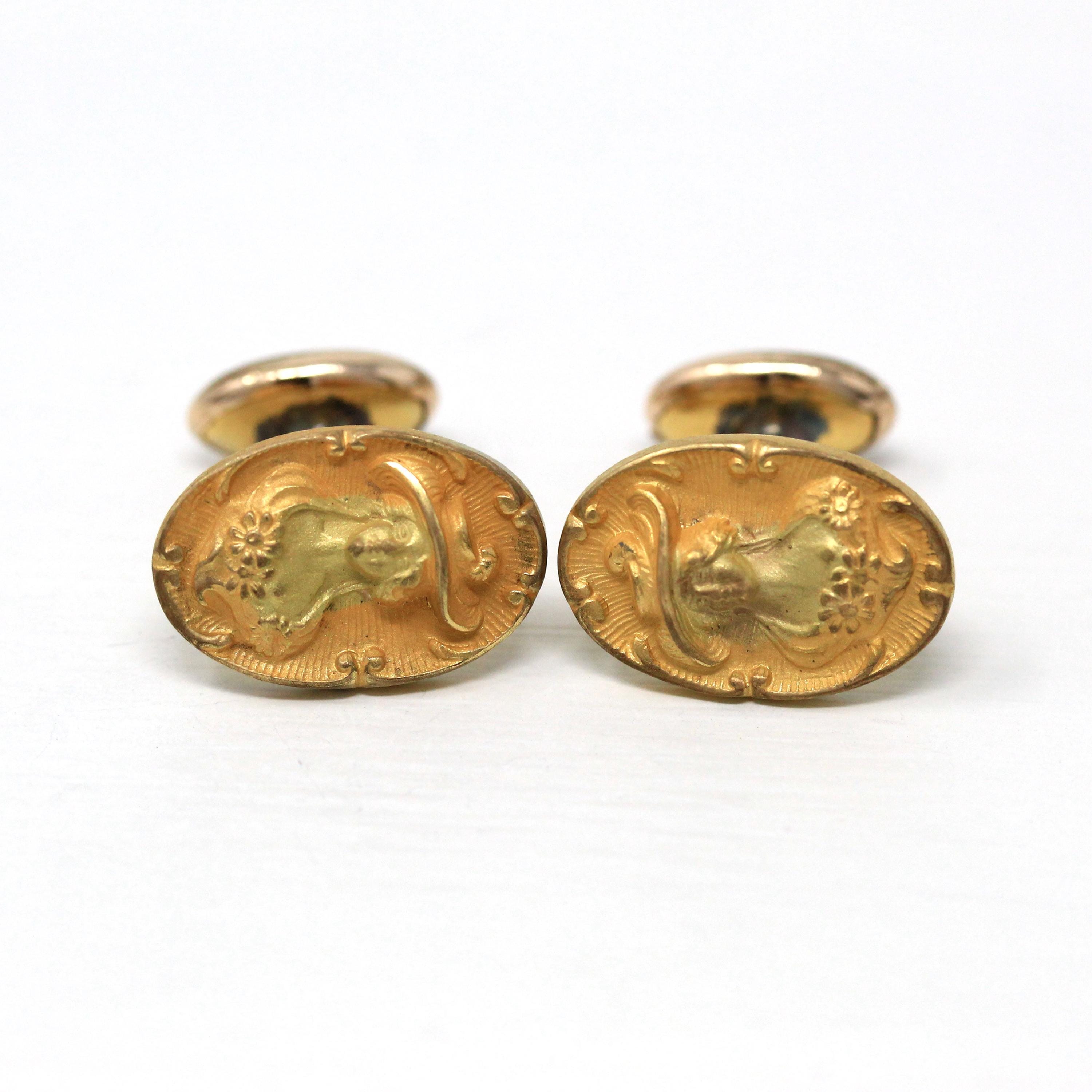 Antique Figural Cufflinks - Edwardian Gold Washed Cameo Woman Hat Portrait - Circa Early 1900s Men's Fashion Accessory Unique Floral Jewelry