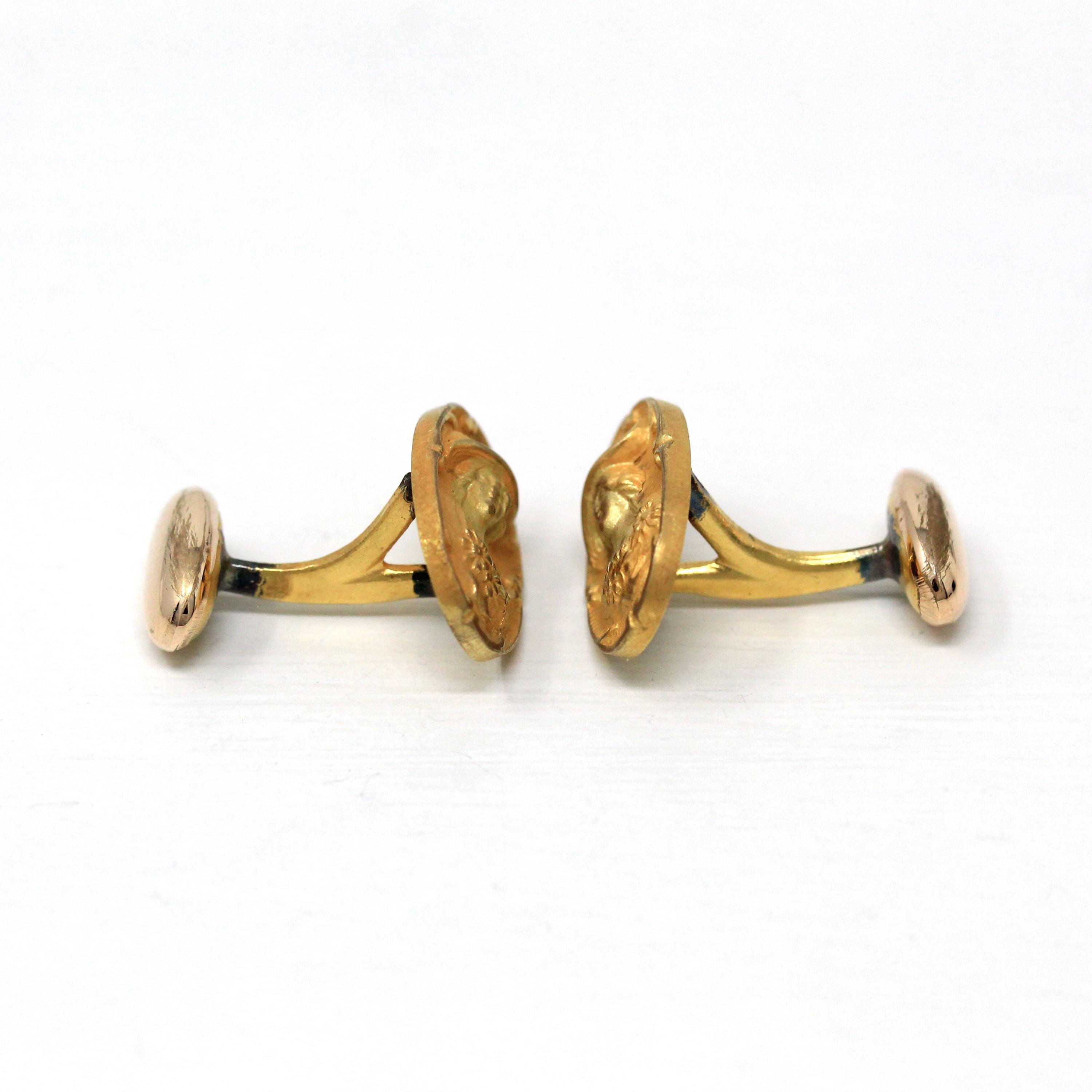 Antique Figural Cufflinks - Edwardian Gold Washed Cameo Woman Hat Portrait - Circa Early 1900s Men's Fashion Accessory Unique Floral Jewelry