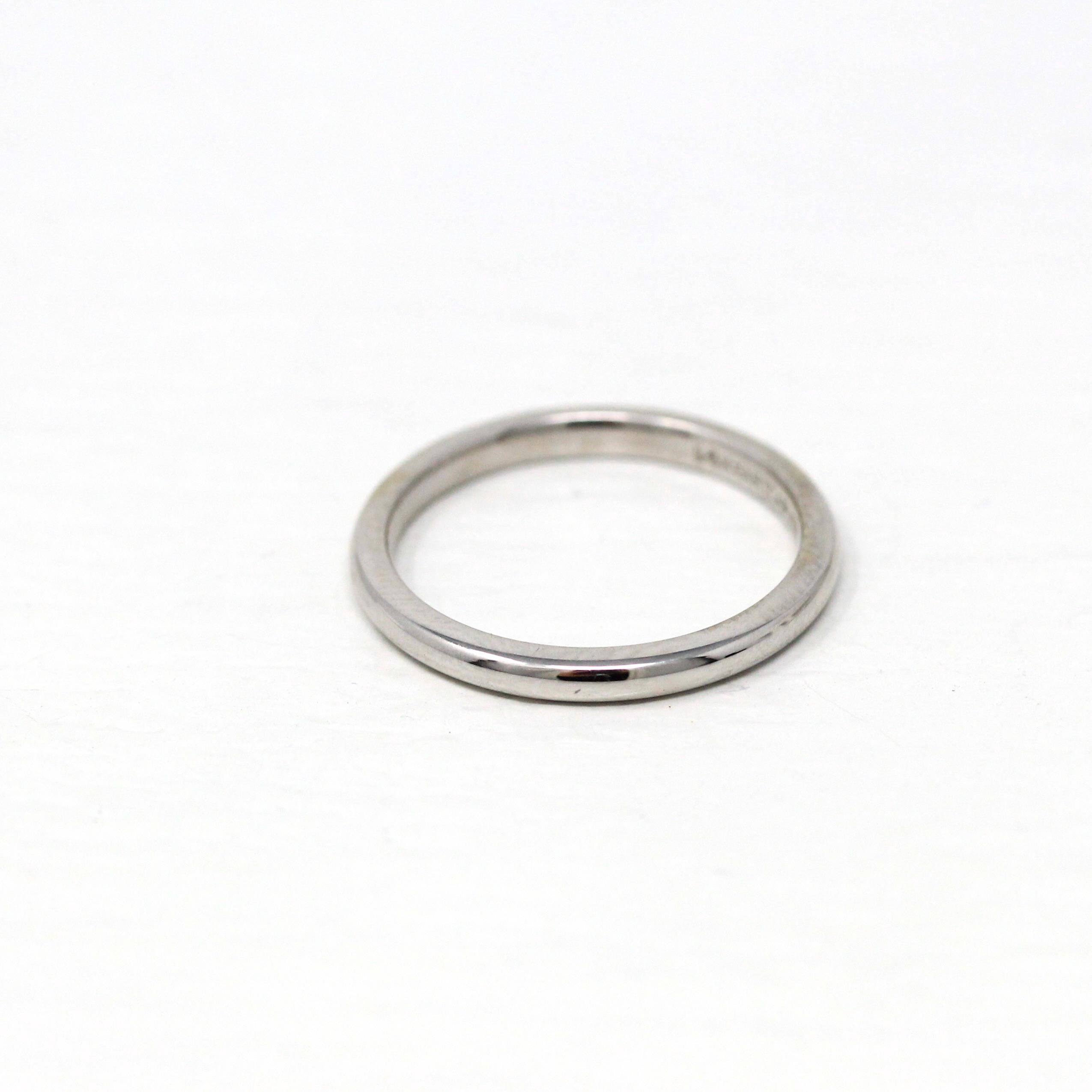 Vintage Wedding Band - Retro 14k White Gold Plain Stacking Ring - Circa 1960s Era Size 4 1/2 Signed Art Carved JR Wood Bridal Fine Jewelry