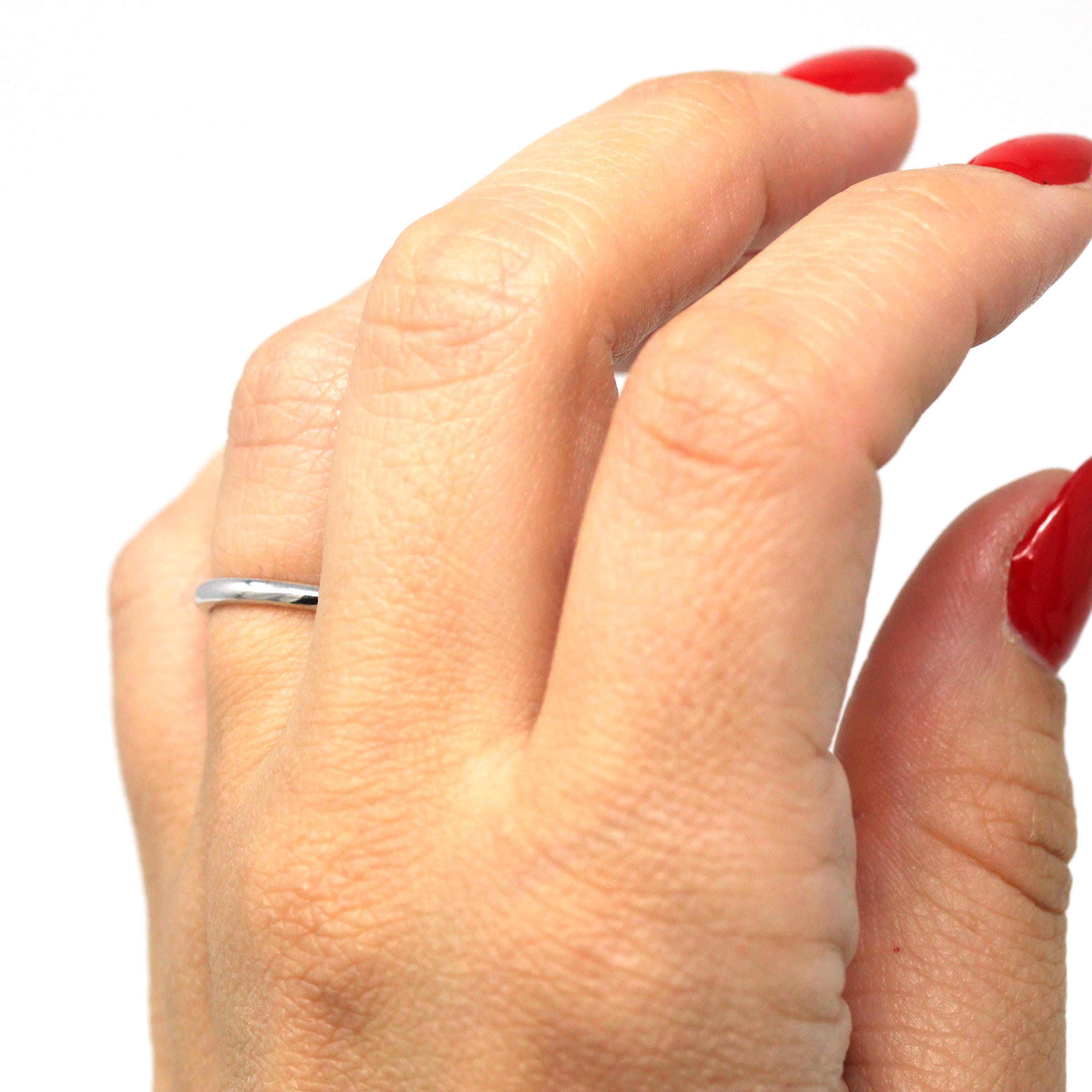 Vintage Wedding Band - Retro 14k White Gold Plain Stacking Ring - Circa 1960s Era Size 4 1/2 Signed Art Carved JR Wood Bridal Fine Jewelry