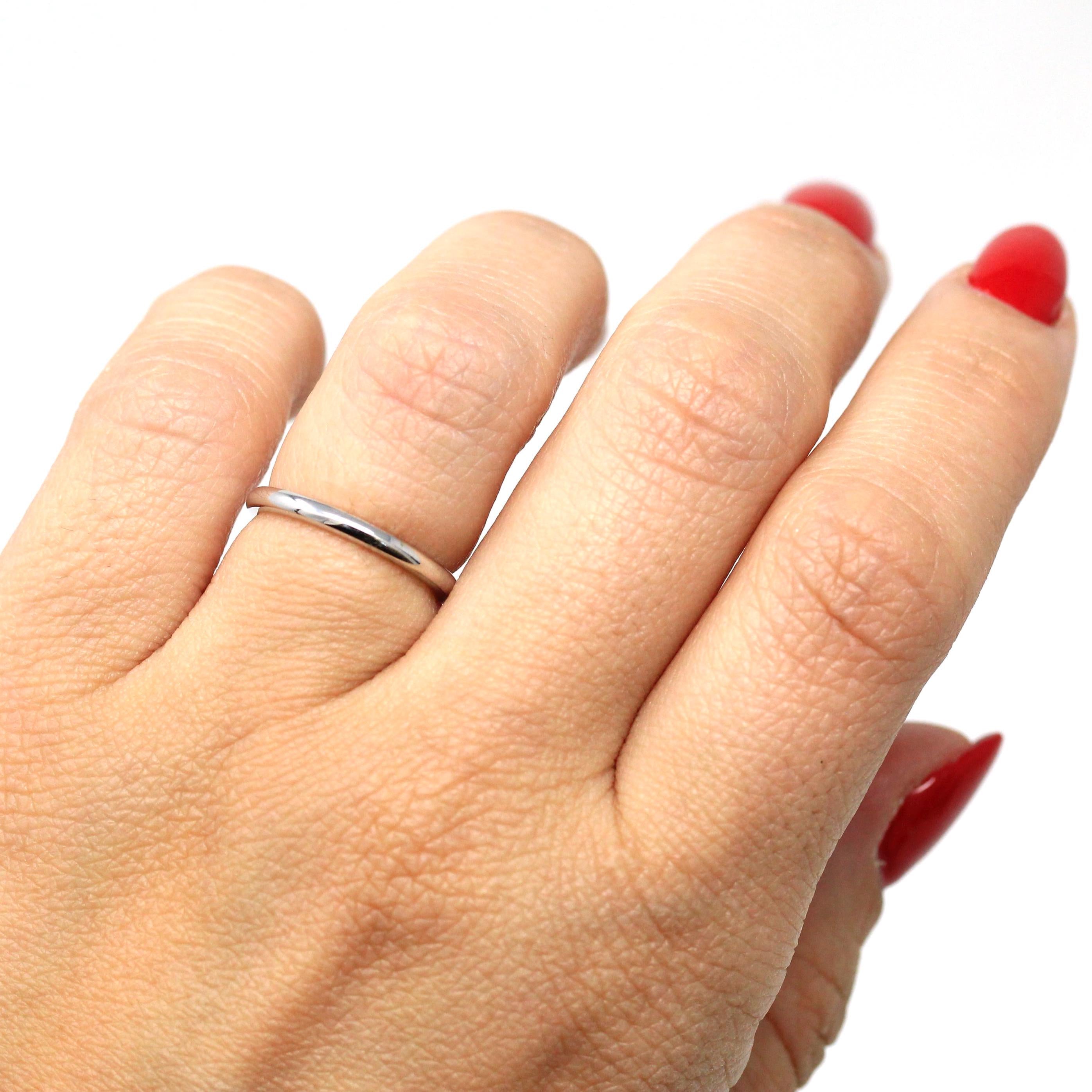 Vintage Wedding Band - Retro 14k White Gold Plain Stacking Ring - Circa 1960s Era Size 4 1/2 Signed Art Carved JR Wood Bridal Fine Jewelry