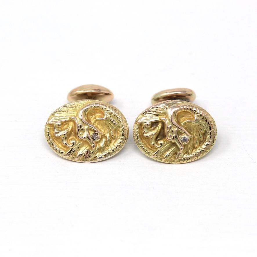 Antique Griffin Cufflinks - Edwardian 10k Yellow Gold Diamond Mythological Creature - Circa Early 1900s Men's Fashion Accessory Fine Jewelry