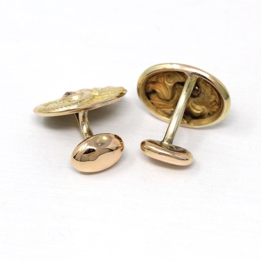 Antique Griffin Cufflinks - Edwardian 10k Yellow Gold Diamond Mythological Creature - Circa Early 1900s Men's Fashion Accessory Fine Jewelry