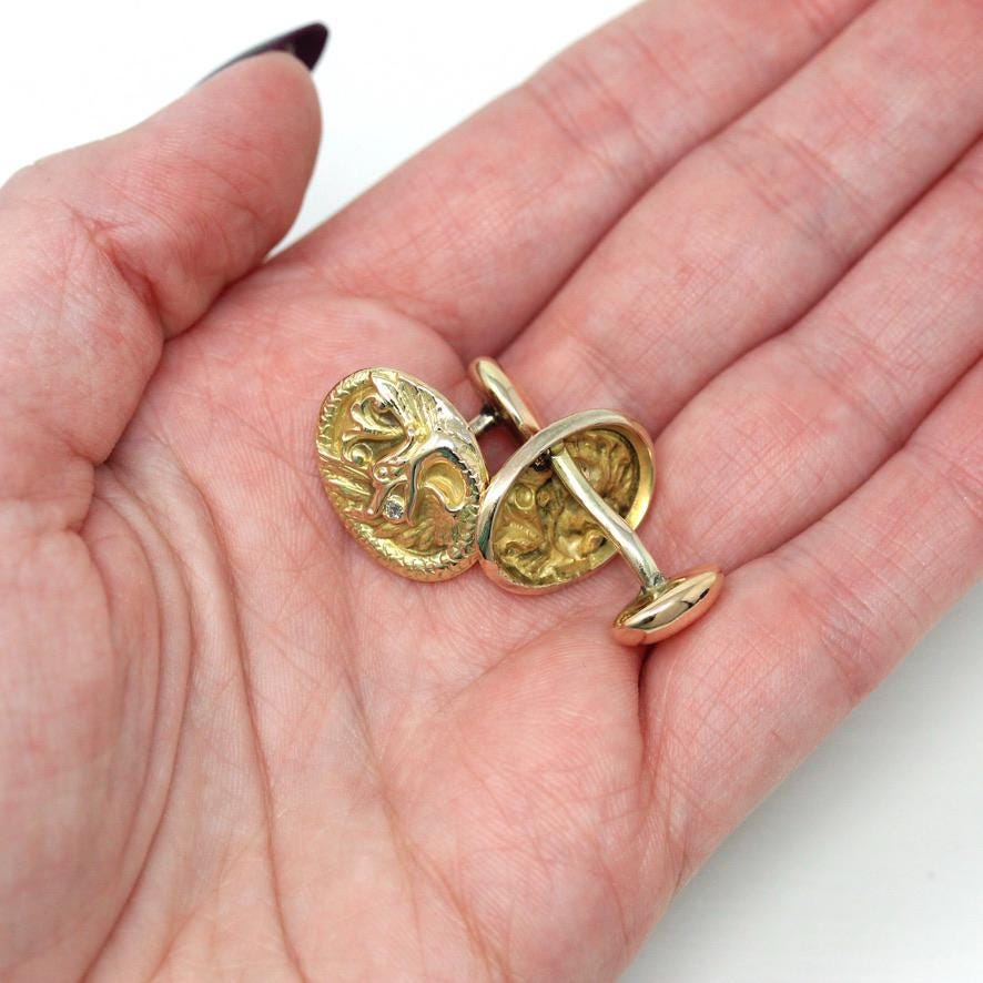 Antique Griffin Cufflinks - Edwardian 10k Yellow Gold Diamond Mythological Creature - Circa Early 1900s Men's Fashion Accessory Fine Jewelry