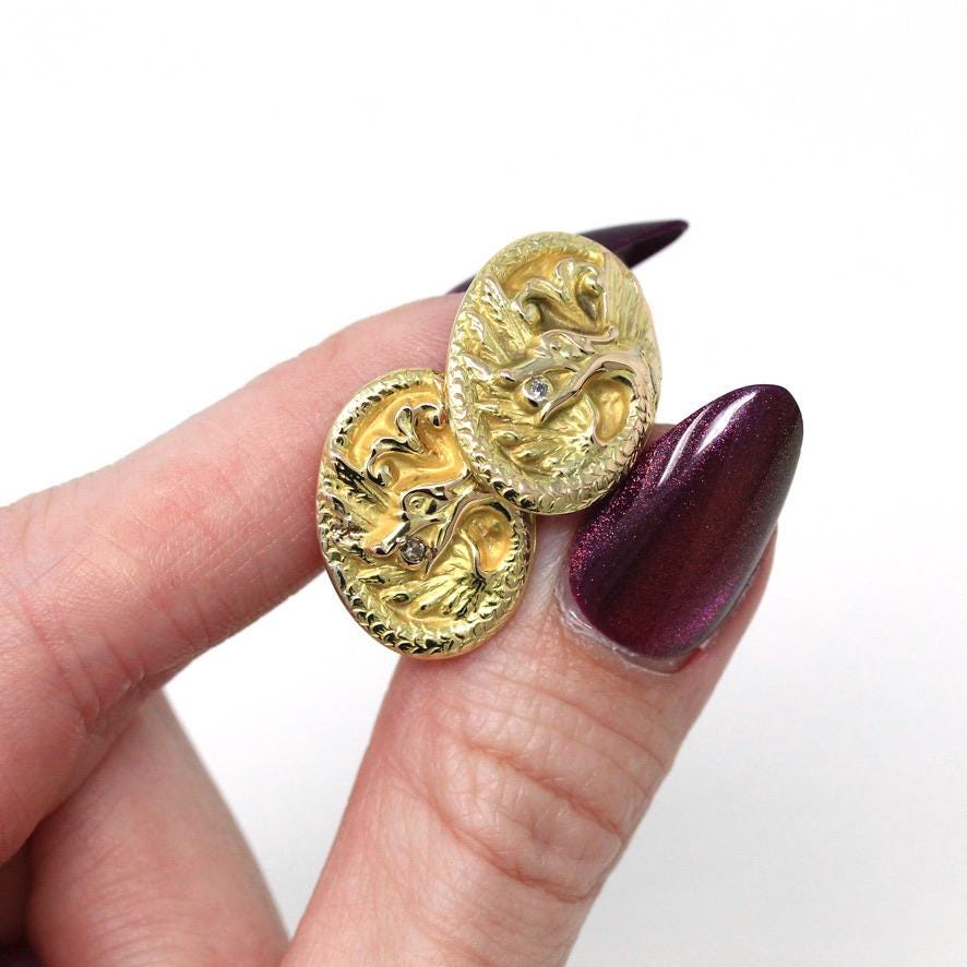 Antique Griffin Cufflinks - Edwardian 10k Yellow Gold Diamond Mythological Creature - Circa Early 1900s Men's Fashion Accessory Fine Jewelry