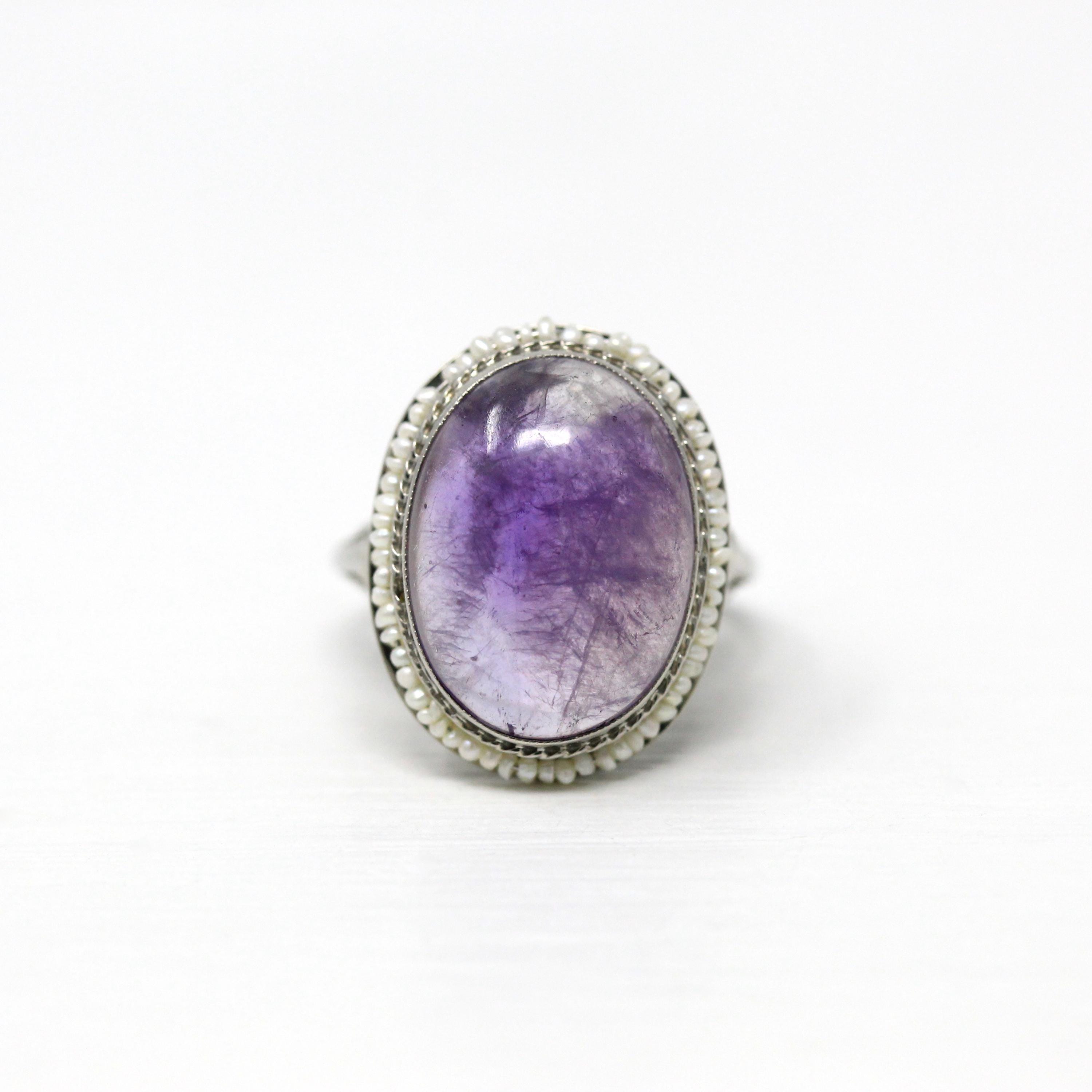 Vintage Amethyst Ring - Art Deco 1930s 10k White Gold Filigree Purple Cabochon Seed Pearl Halo - Antique Size 3 1/4 Filigree Fine Jewelry
