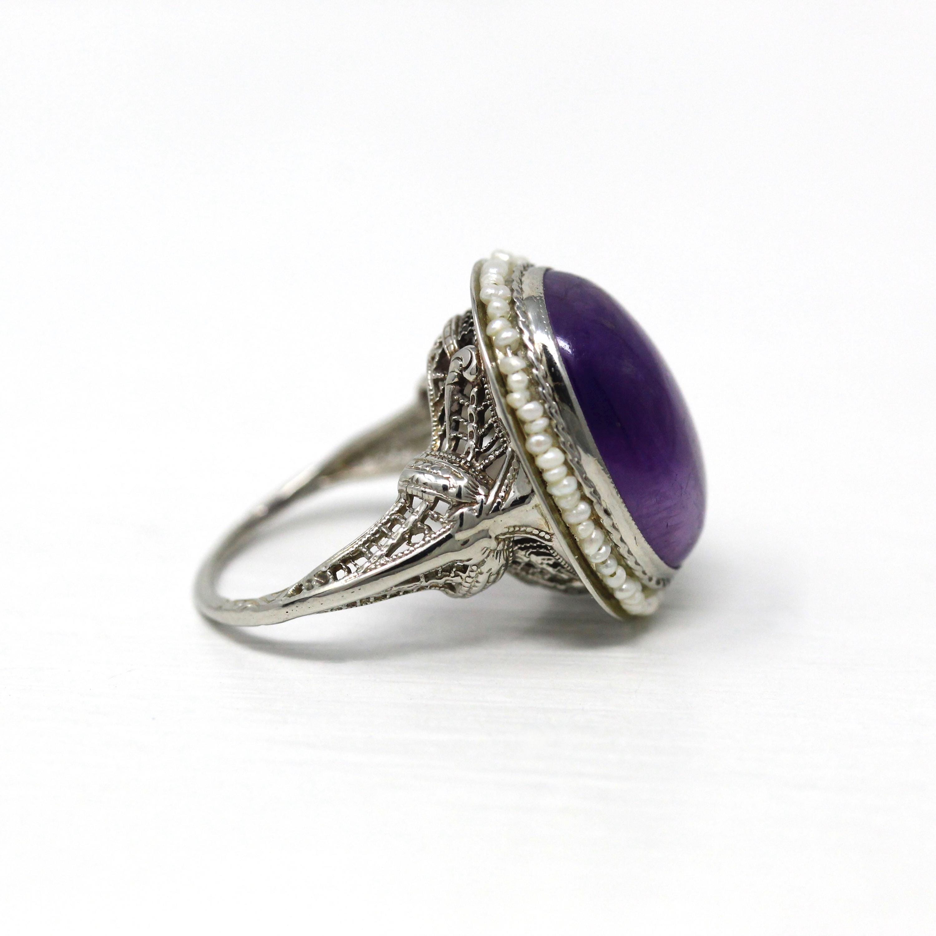 Vintage Amethyst Ring - Art Deco 1930s 10k White Gold Filigree Purple Cabochon Seed Pearl Halo - Antique Size 3 1/4 Filigree Fine Jewelry