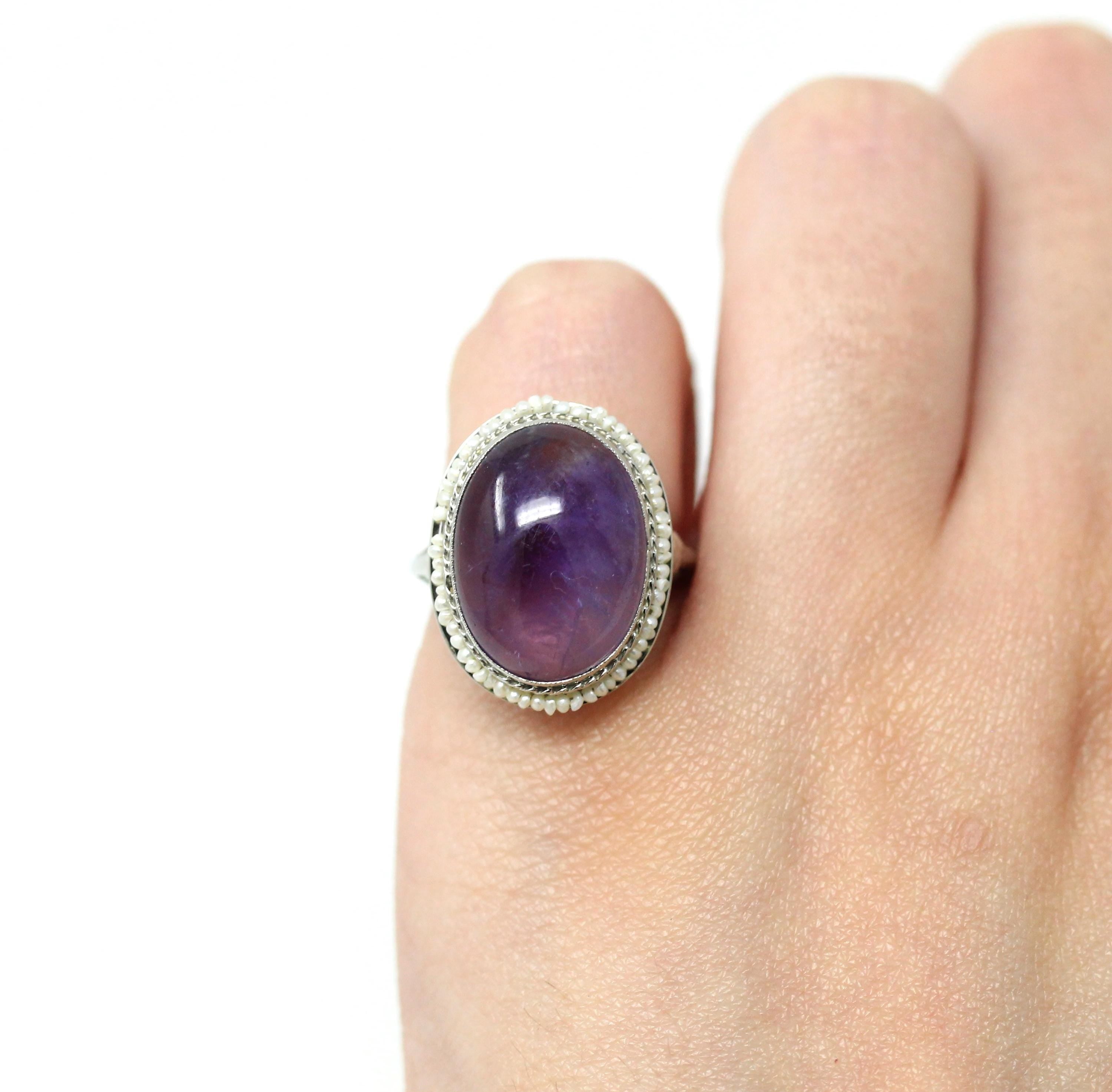 Vintage Amethyst Ring - Art Deco 1930s 10k White Gold Filigree Purple Cabochon Seed Pearl Halo - Antique Size 3 1/4 Filigree Fine Jewelry