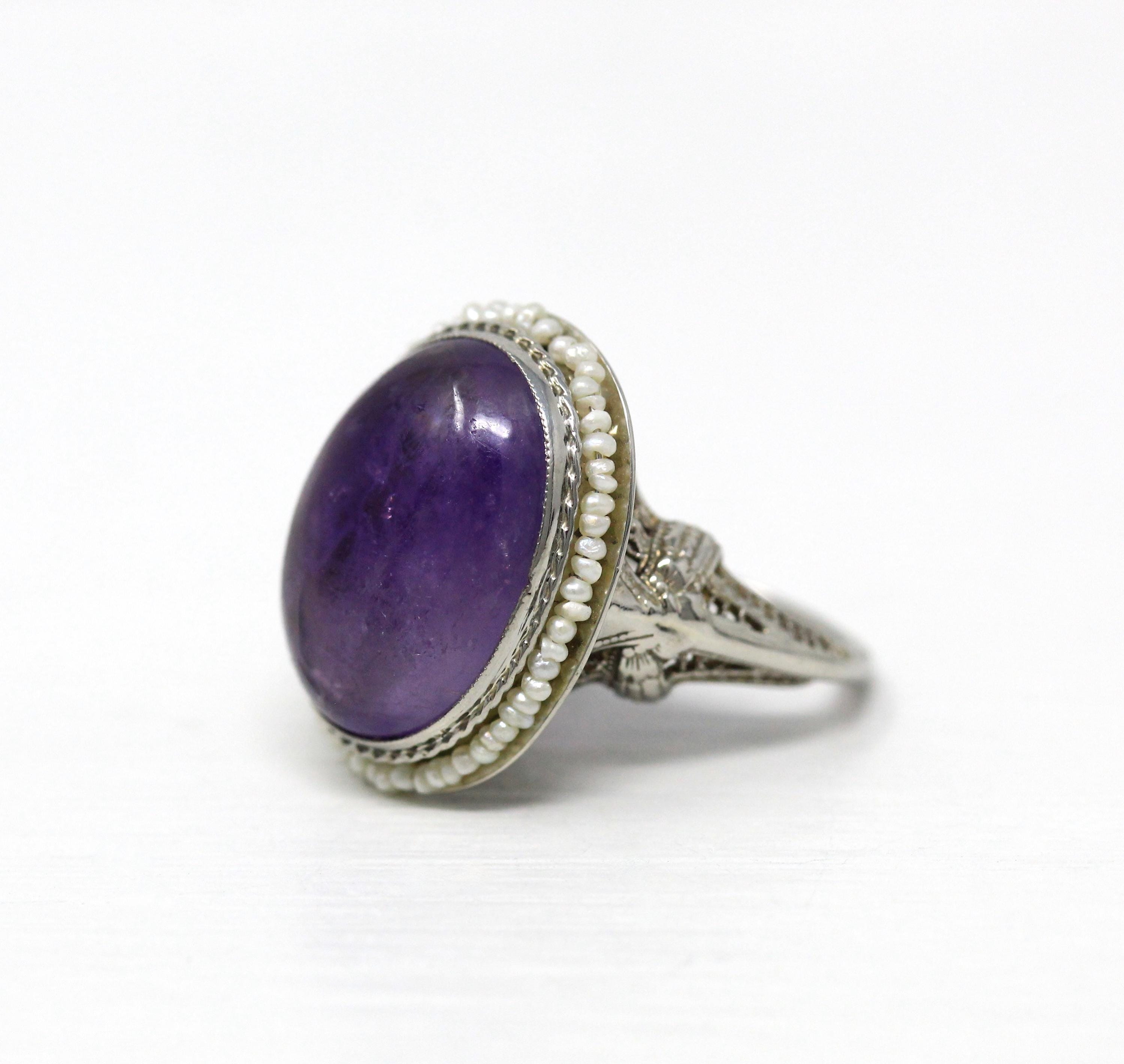 Vintage Amethyst Ring - Art Deco 1930s 10k White Gold Filigree Purple Cabochon Seed Pearl Halo - Antique Size 3 1/4 Filigree Fine Jewelry