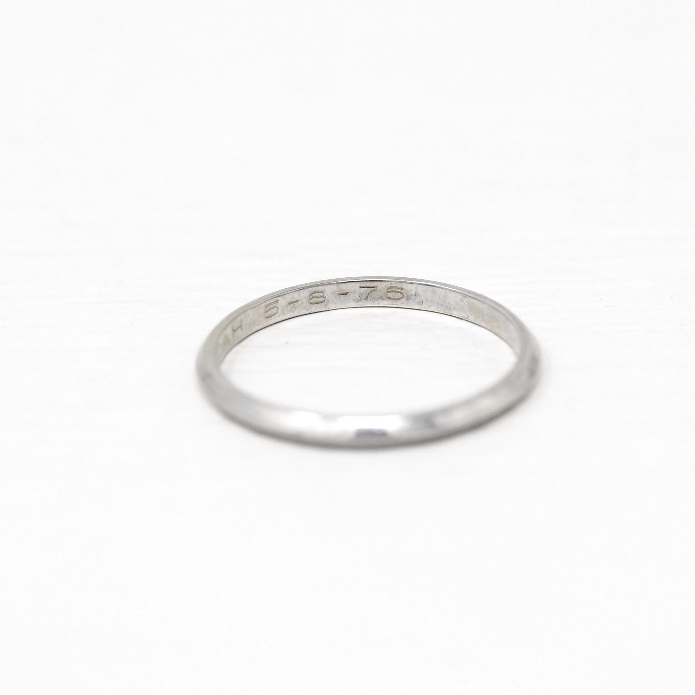 Dated 1976 Band - Vintage 14k White Gold Engraved "RLY to CAH 5-8-76" Ring - Retro Circa 1970s Era Size 8 Unisex Wedding Fine Brogan Jewelry