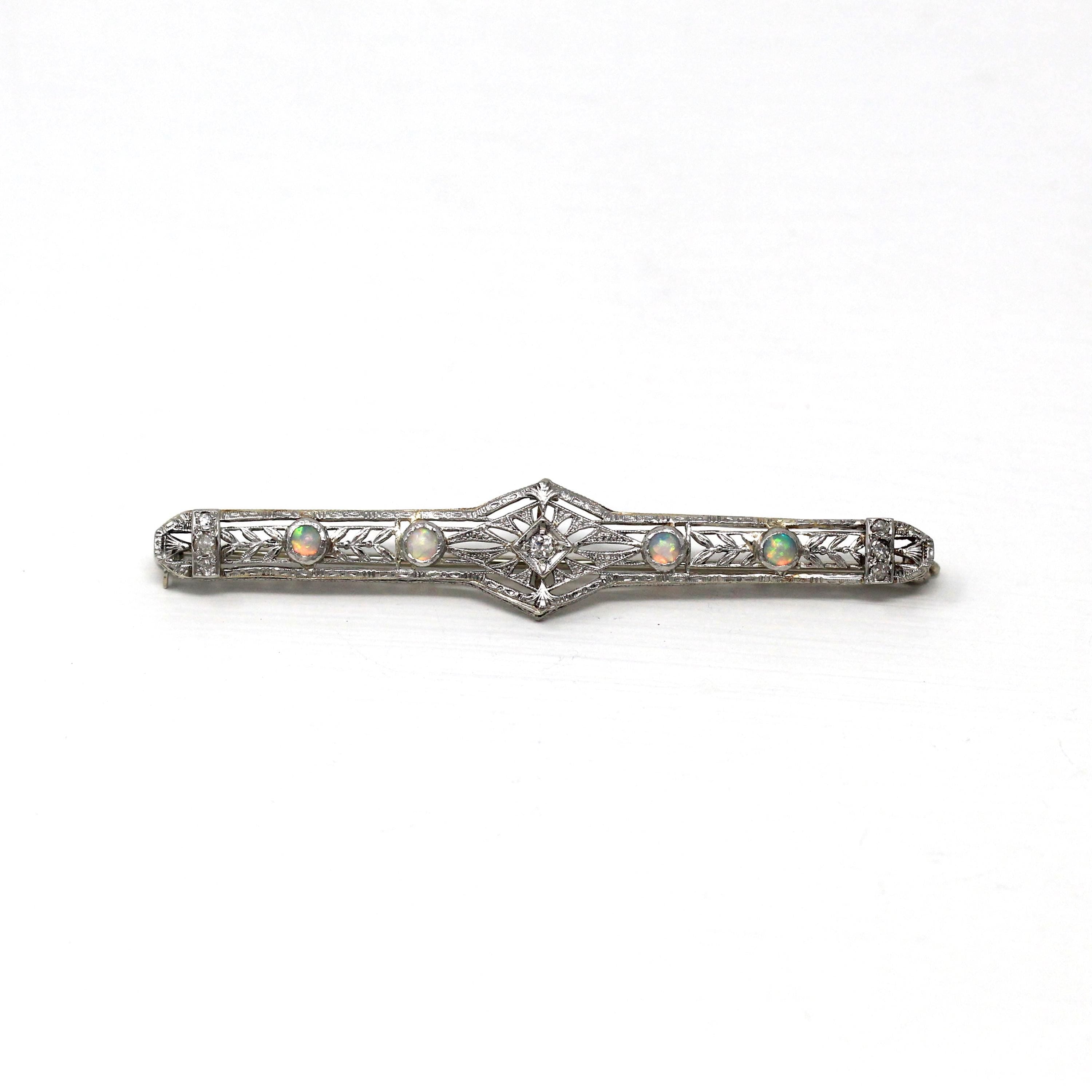 Vintage Opal Brooch - Art Deco 14k White Gold Genuine Gem Diamond Long Pin - Circa 1930s Era Filigree Open Metal Statement Fine 30s Jewelry