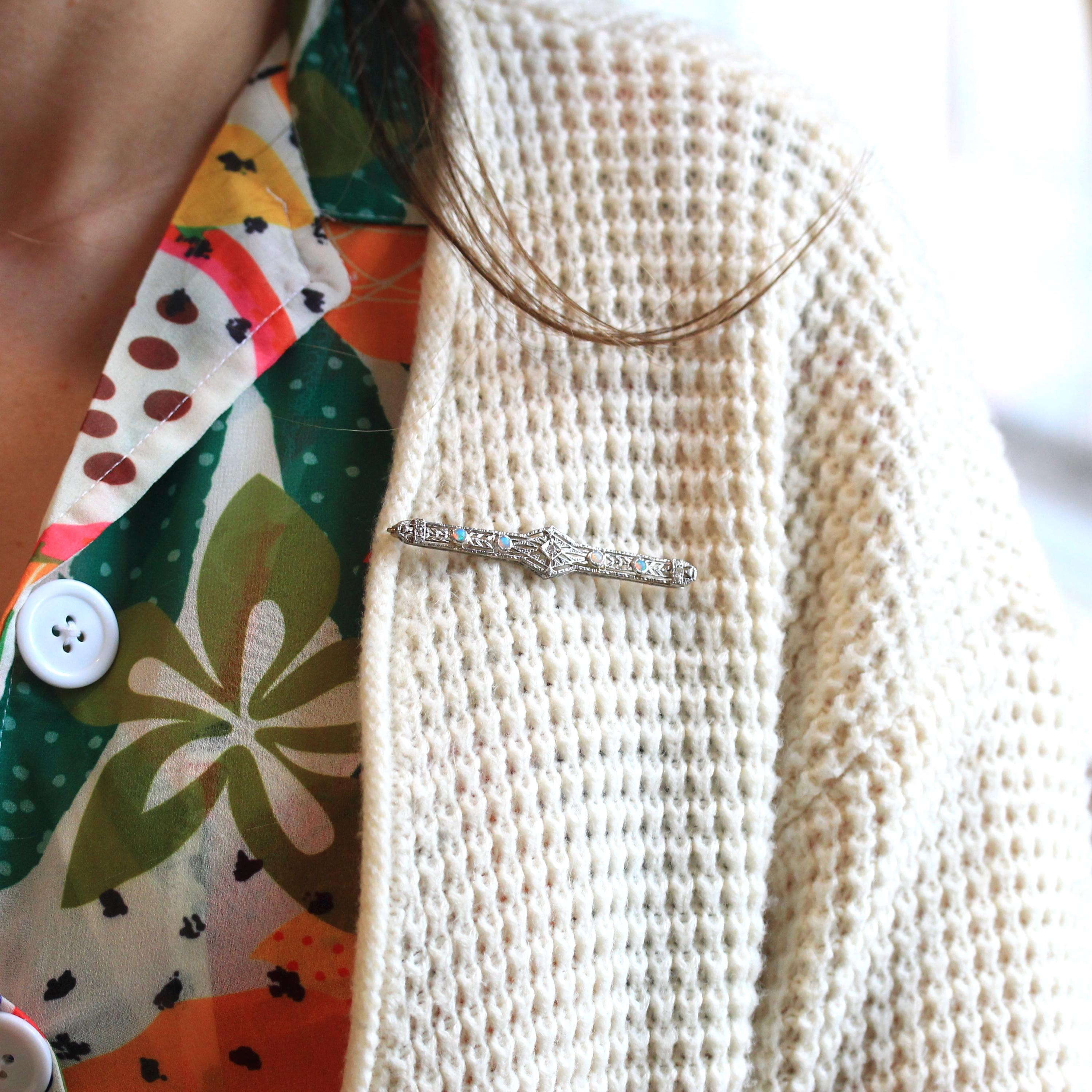 Vintage Opal Brooch - Art Deco 14k White Gold Genuine Gem Diamond Long Pin - Circa 1930s Era Filigree Open Metal Statement Fine 30s Jewelry