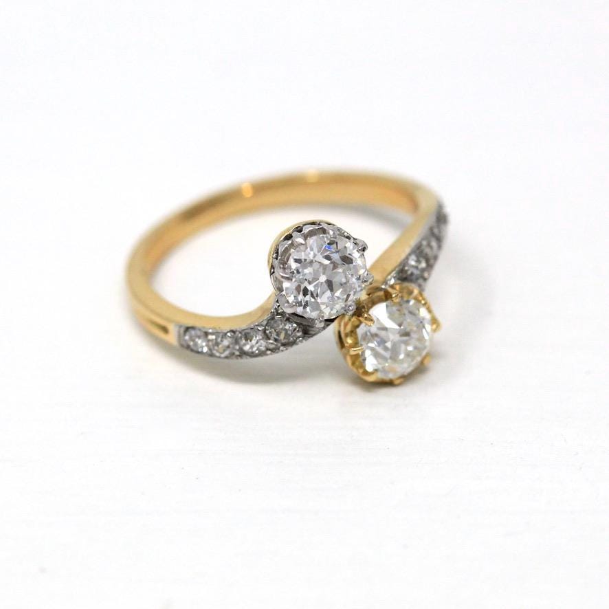 Vintage Engagement Ring - Edwardian Era 18k Yellow Gold Platinum - 1.14 CTW Diamonds Bypass - Toi Et Moi 1910s Size 6 1/4 Jewelry w/ Report