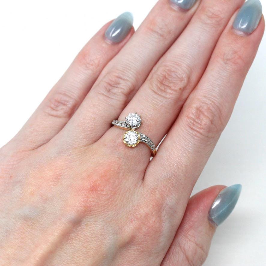 Vintage Engagement Ring - Edwardian Era 18k Yellow Gold Platinum - 1.14 CTW Diamonds Bypass - Toi Et Moi 1910s Size 6 1/4 Jewelry w/ Report