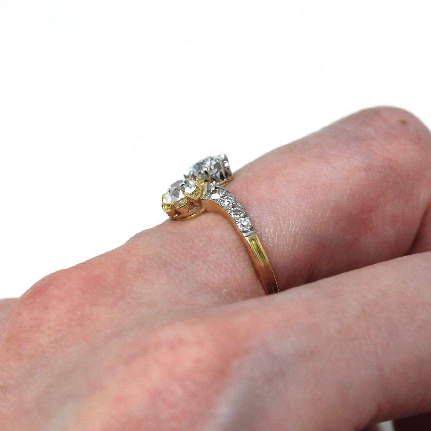 Vintage Engagement Ring - Edwardian Era 18k Yellow Gold Platinum - 1.14 CTW Diamonds Bypass - Toi Et Moi 1910s Size 6 1/4 Jewelry w/ Report