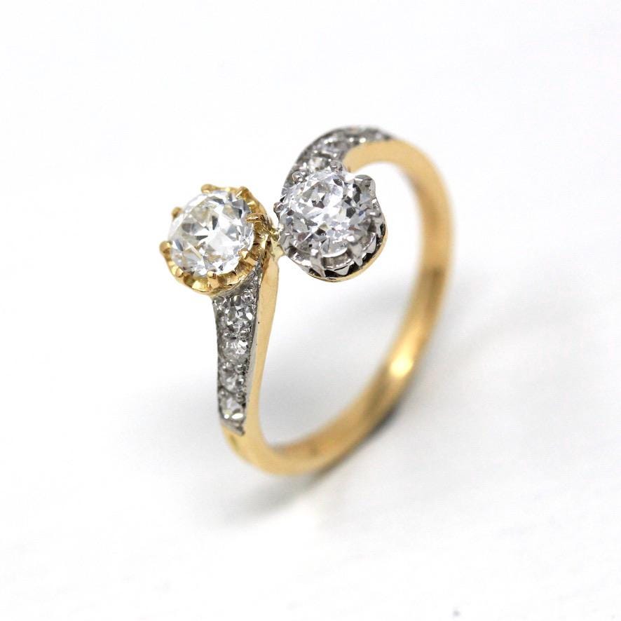 Vintage Engagement Ring - Edwardian Era 18k Yellow Gold Platinum - 1.14 CTW Diamonds Bypass - Toi Et Moi 1910s Size 6 1/4 Jewelry w/ Report
