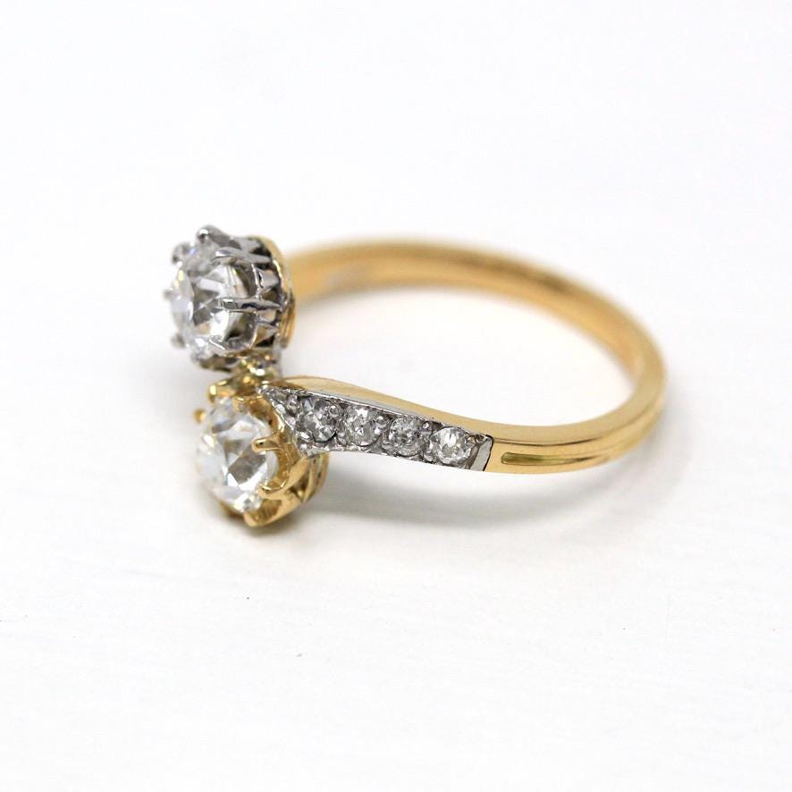 Vintage Engagement Ring - Edwardian Era 18k Yellow Gold Platinum - 1.14 CTW Diamonds Bypass - Toi Et Moi 1910s Size 6 1/4 Jewelry w/ Report