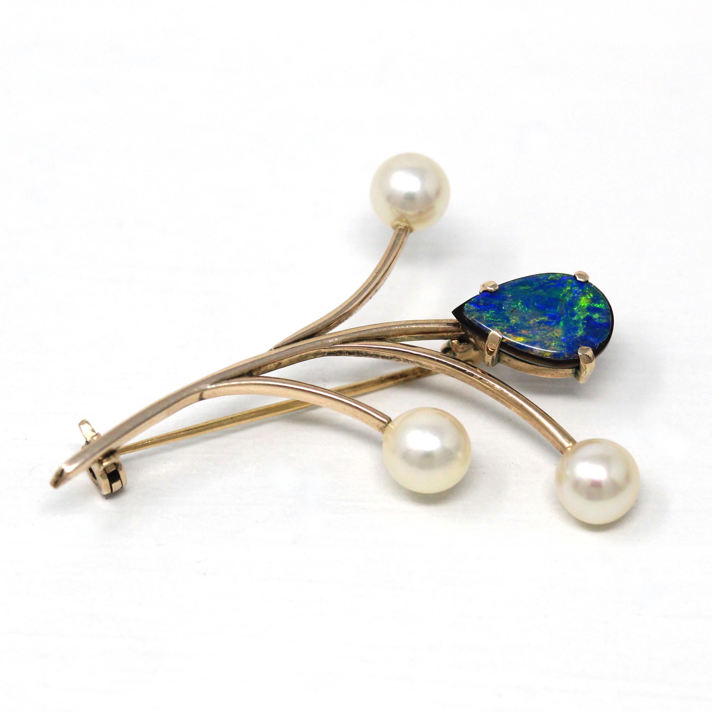 Vintage Floral Brooch - Retro 14k Yellow Gold Opal Triplet Cultured Pearl Gemstones - Circa 1970s Era Statement Nature Inspired Fine Jewelry