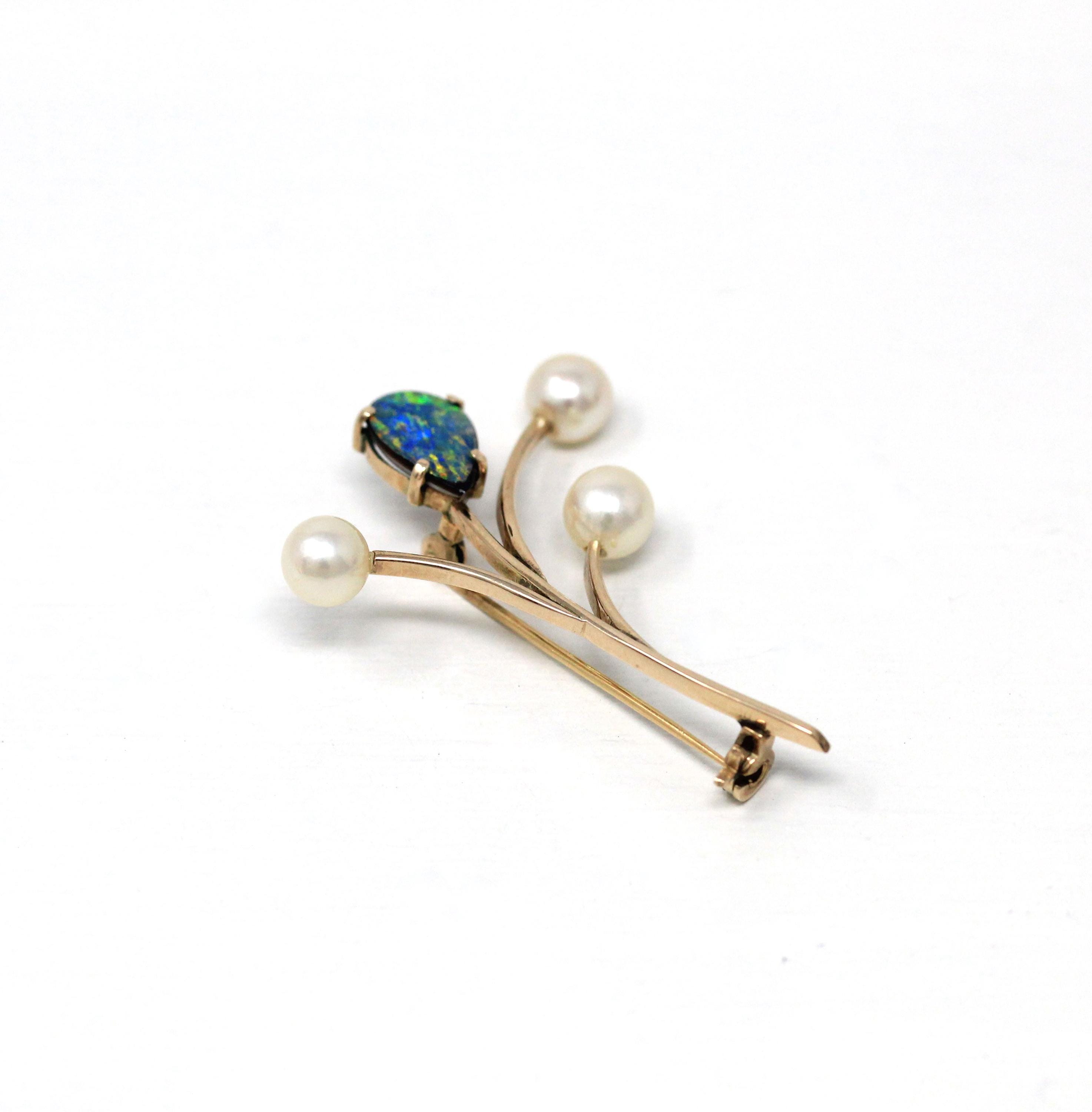 Vintage Floral Brooch - Retro 14k Yellow Gold Opal Triplet Cultured Pearl Gemstones - Circa 1970s Era Statement Nature Inspired Fine Jewelry