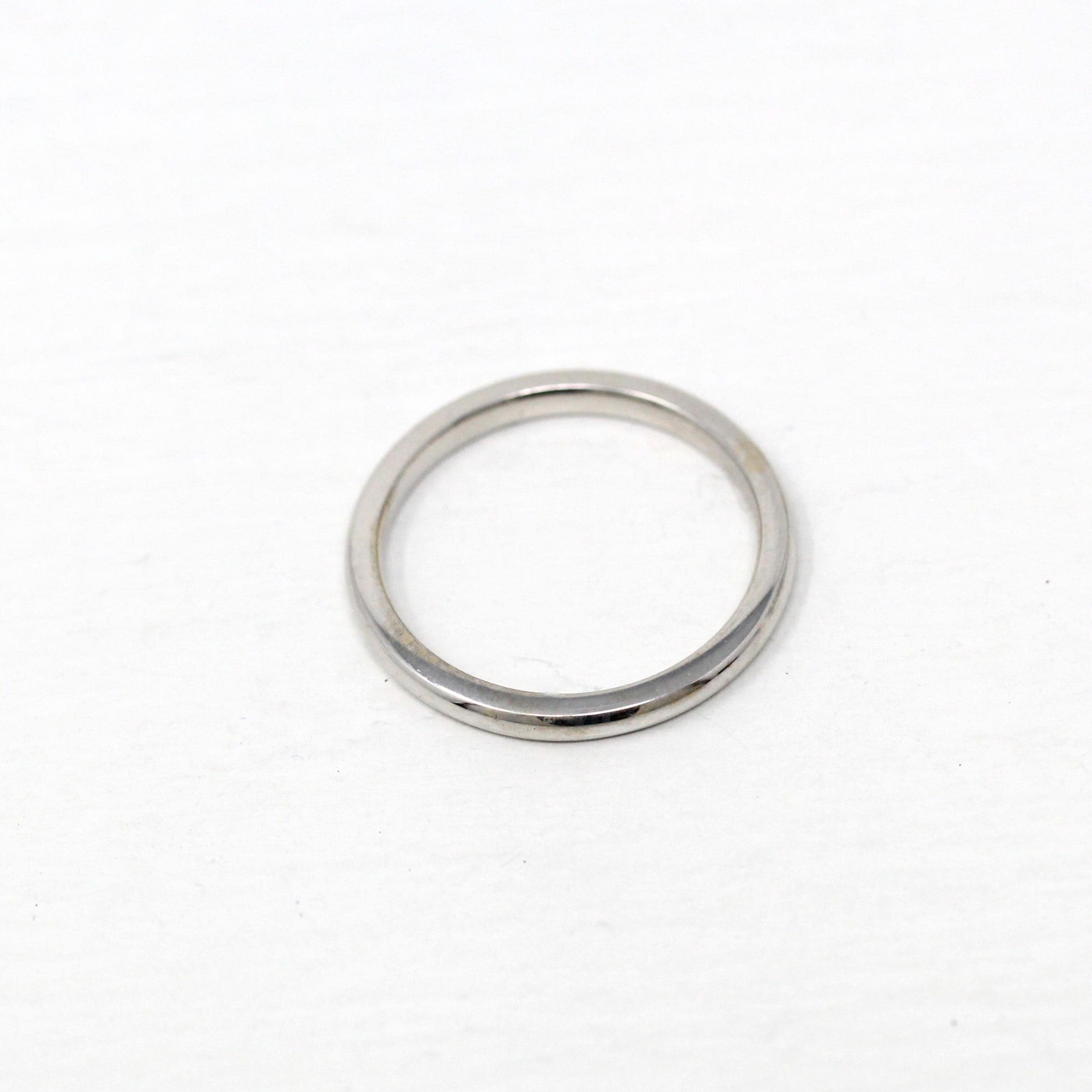 Vintage Wedding Band - Retro 14k White Gold Plain Stacking Ring - Circa 1960s Era Size 4 1/2 Signed Art Carved JR Wood Bridal Fine Jewelry