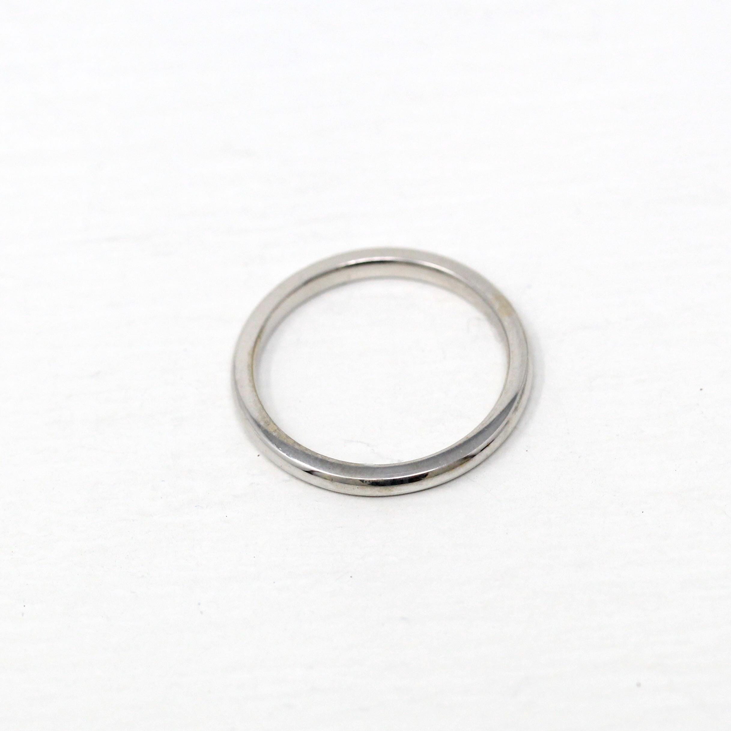 Vintage Wedding Band - Retro 14k White Gold Plain Stacking Ring - Circa 1960s Era Size 4 1/2 Signed Art Carved JR Wood Bridal Fine Jewelry
