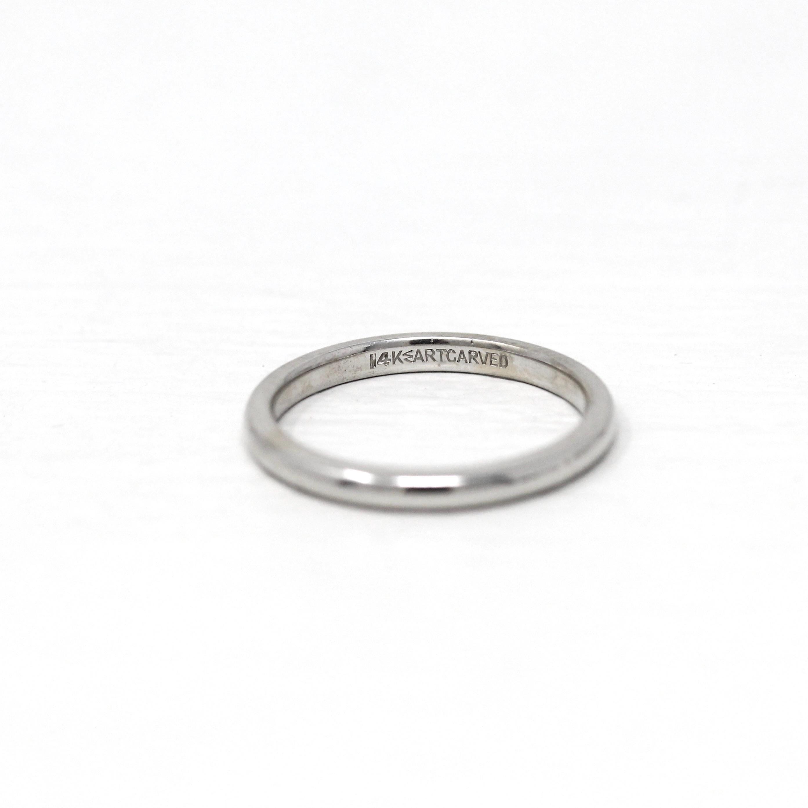 Vintage Wedding Band - Retro 14k White Gold Plain Stacking Ring - Circa 1960s Era Size 4 1/2 Signed Art Carved JR Wood Bridal Fine Jewelry