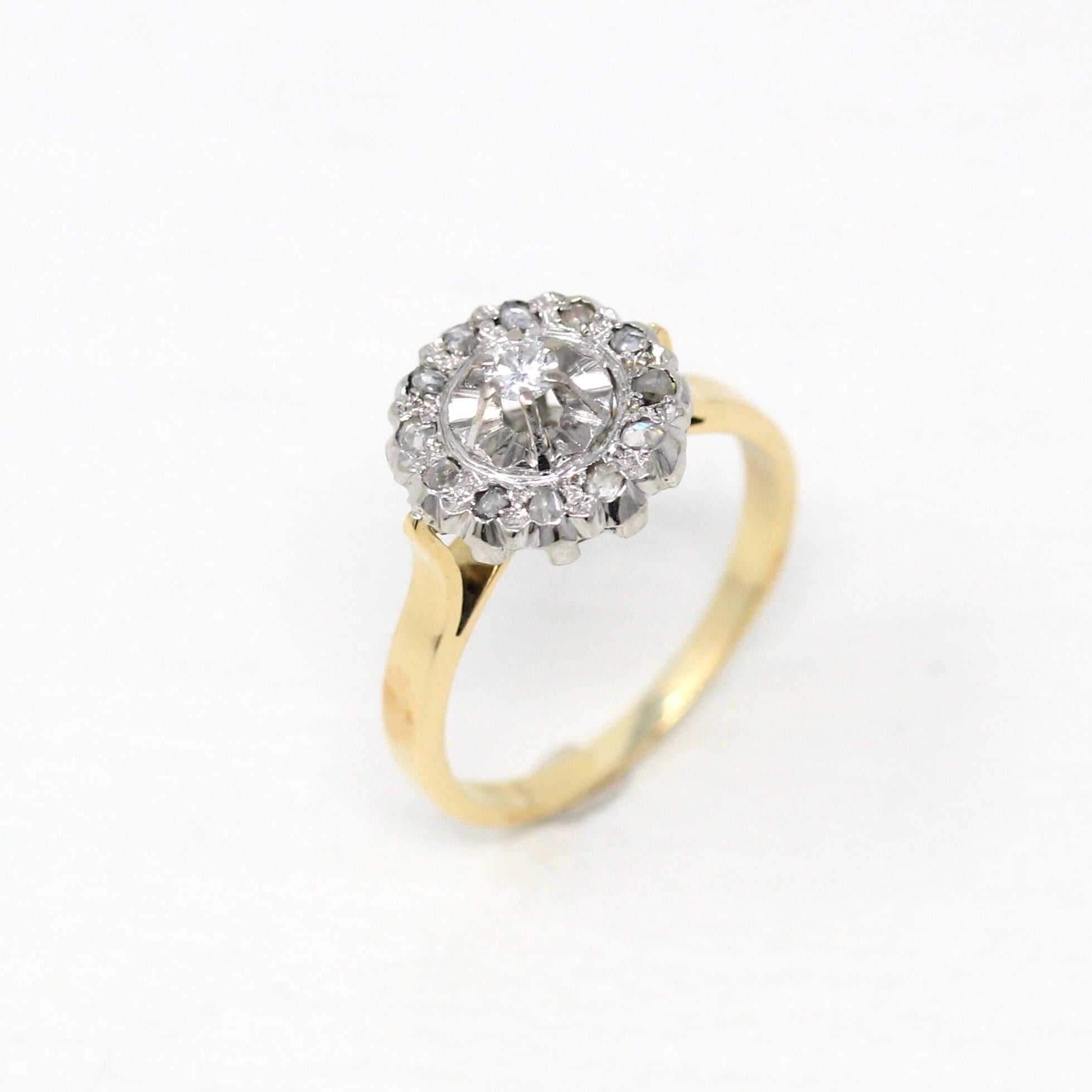Diamond Engagement Ring - Retro 14k Yellow Gold .31 CTW Round Rose Cut Cluster Halo - Size 6.25 Fine Mid Century Modern Engagement Jewelry