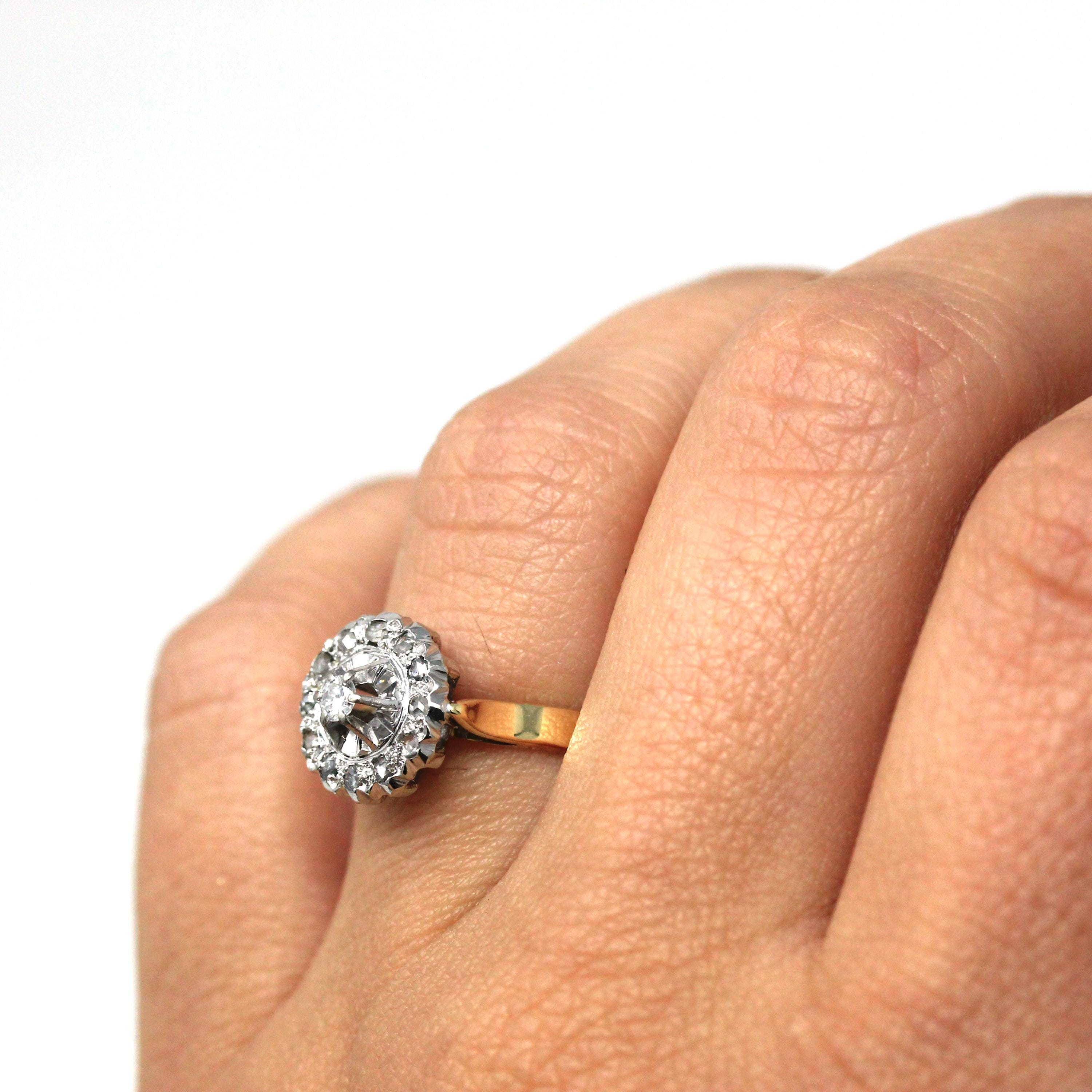 Diamond Engagement Ring - Retro 14k Yellow Gold .31 CTW Round Rose Cut Cluster Halo - Size 6.25 Fine Mid Century Modern Engagement Jewelry