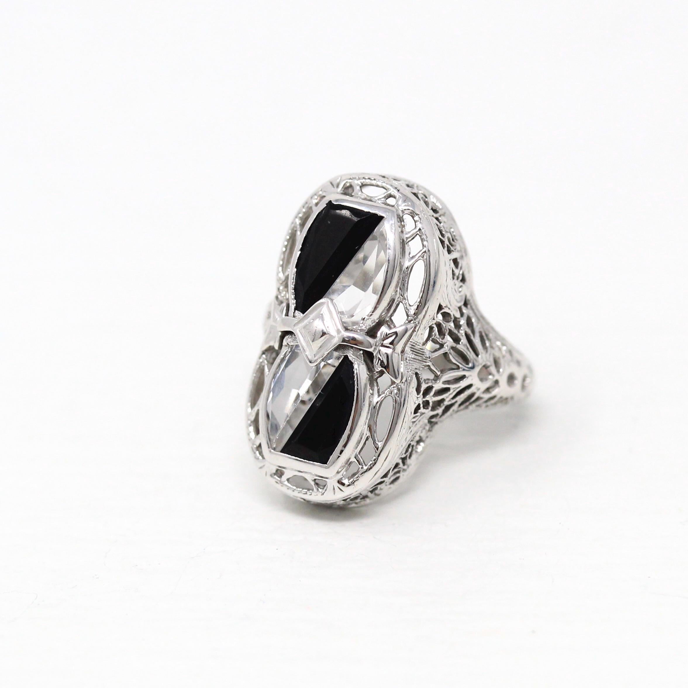 Black & White Art Deco Ring - Vintage 14k White Gold Fancy Cut Black Onyx Created White Sapphire - 1930s Size 3 1/2 Filigree Fine Jewelry