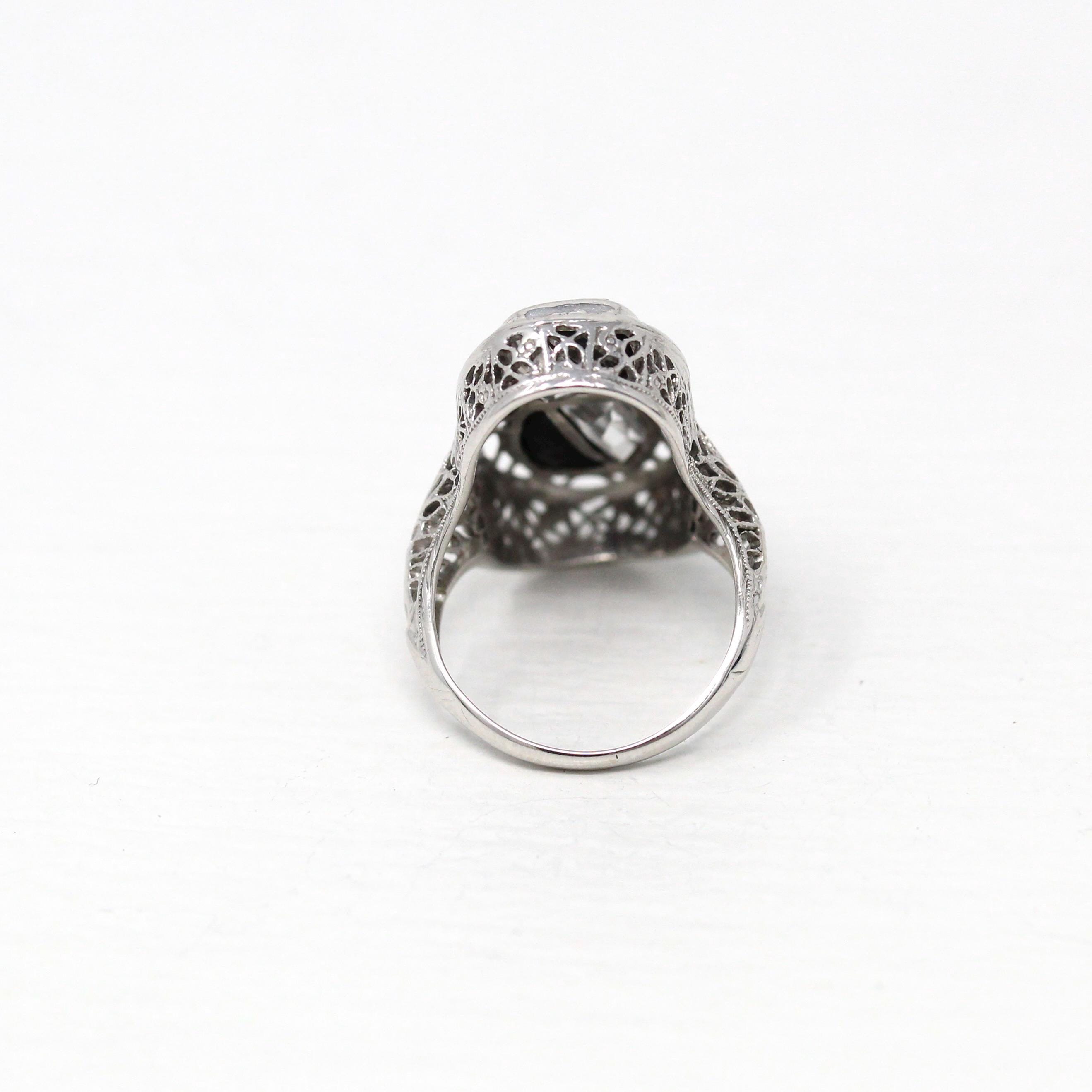 Black & White Art Deco Ring - Vintage 14k White Gold Fancy Cut Black Onyx Created White Sapphire - 1930s Size 3 1/2 Filigree Fine Jewelry