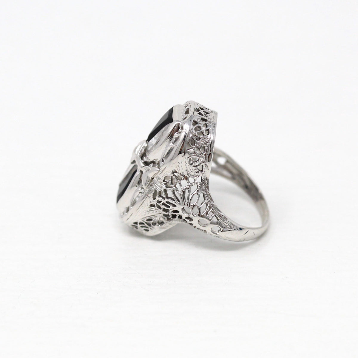 Black & White Art Deco Ring - Vintage 14k White Gold Fancy Cut Black Onyx Created White Sapphire - 1930s Size 3 1/2 Filigree Fine Jewelry