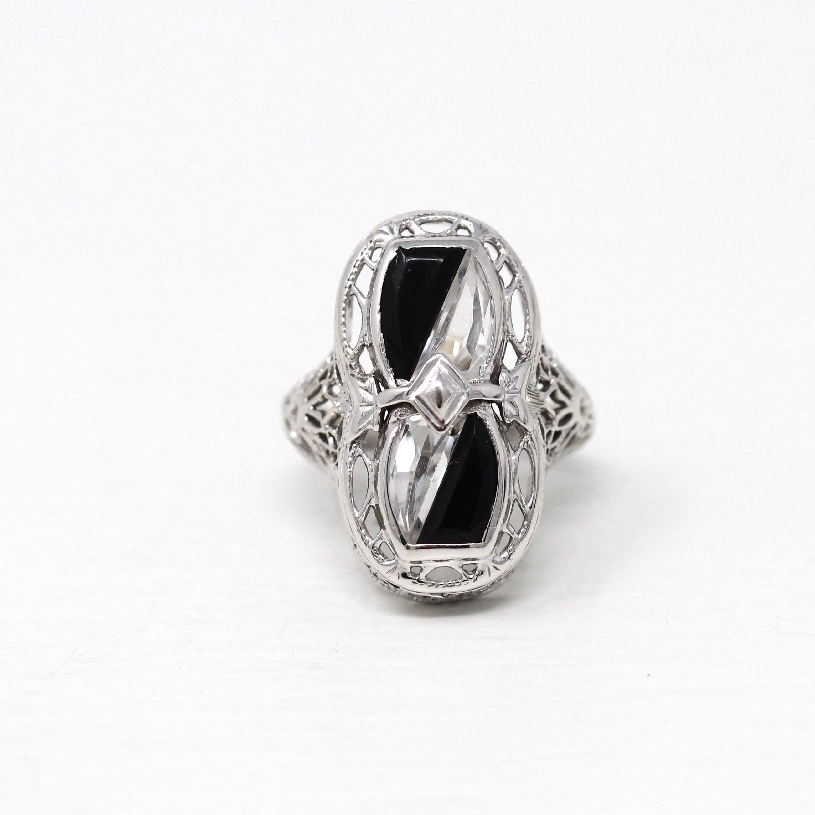 Black & White Art Deco Ring - Vintage 14k White Gold Fancy Cut Black Onyx Created White Sapphire - 1930s Size 3 1/2 Filigree Fine Jewelry