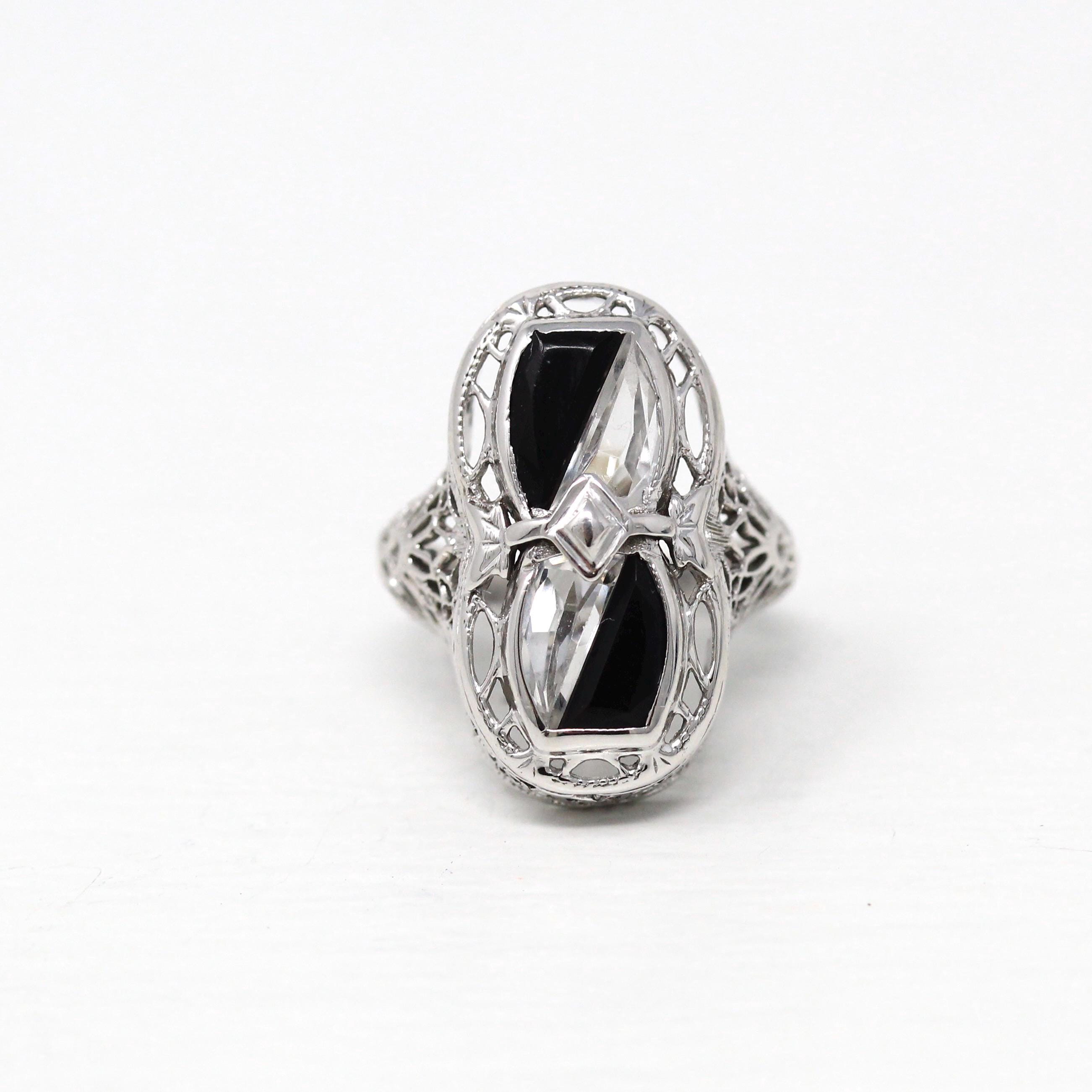 Black & White Art Deco Ring - Vintage 14k White Gold Fancy Cut Black Onyx Created White Sapphire - 1930s Size 3 1/2 Filigree Fine Jewelry