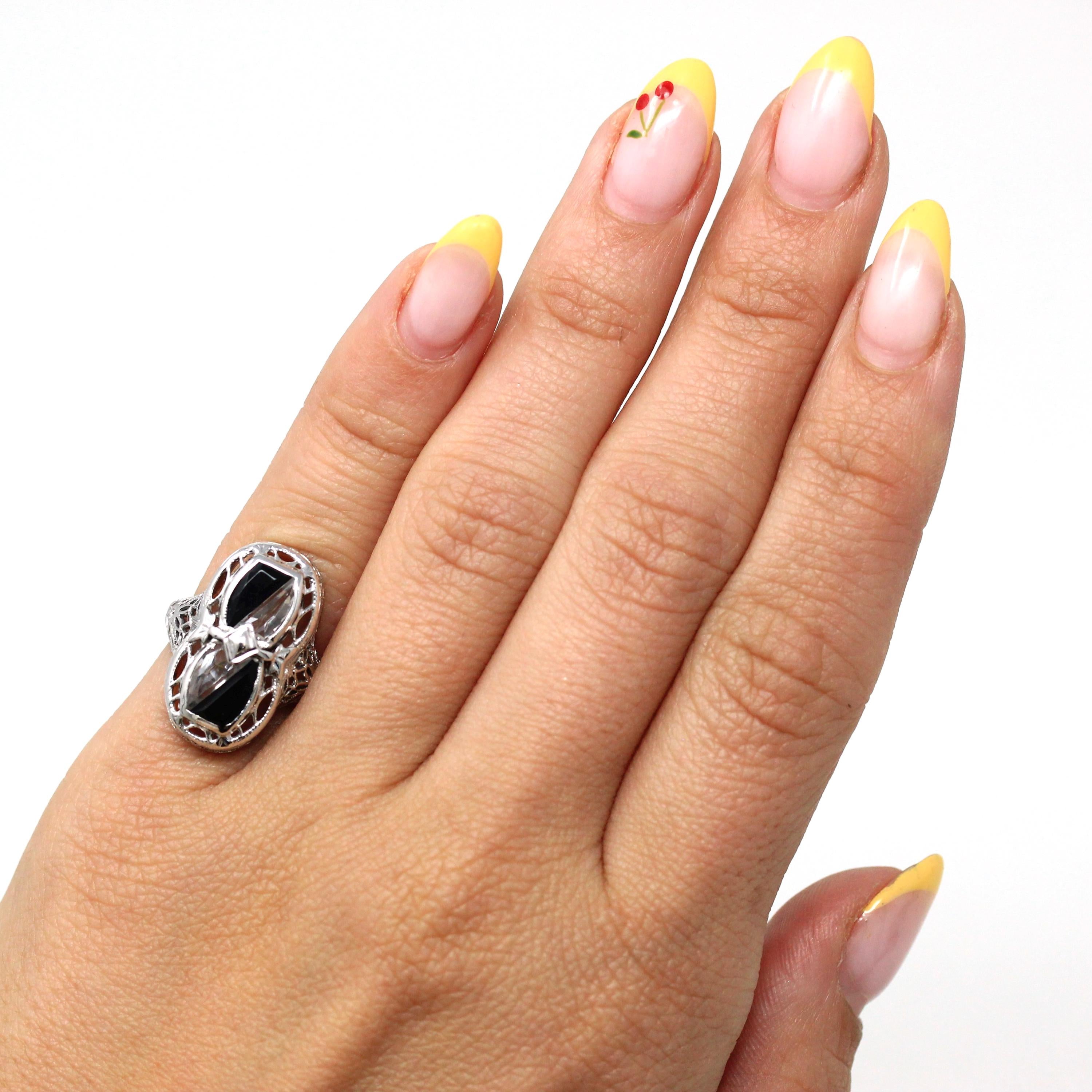 Black & White Art Deco Ring - Vintage 14k White Gold Fancy Cut Black Onyx Created White Sapphire - 1930s Size 3 1/2 Filigree Fine Jewelry