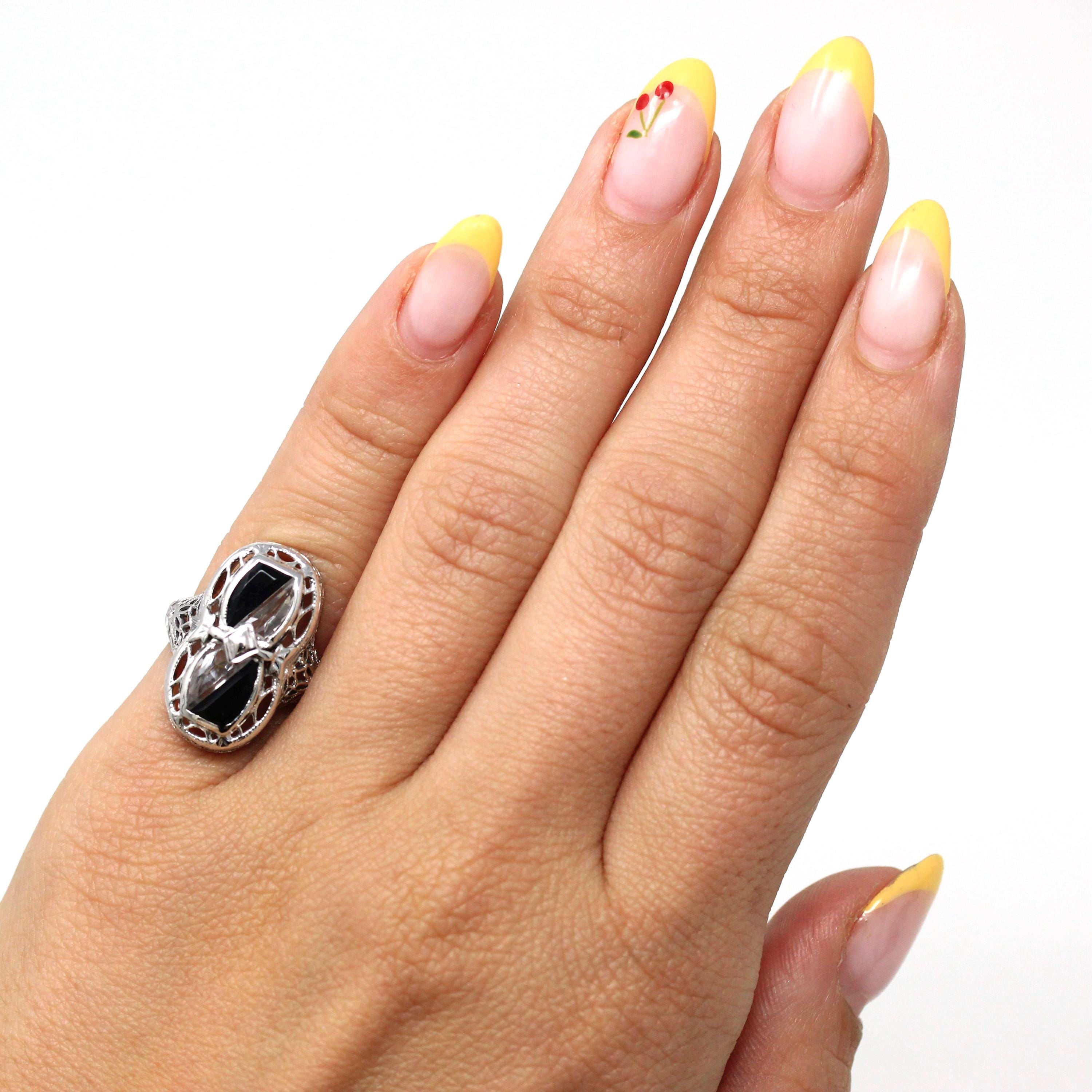 Black & White Art Deco Ring - Vintage 14k White Gold Fancy Cut Black Onyx Created White Sapphire - 1930s Size 3 1/2 Filigree Fine Jewelry