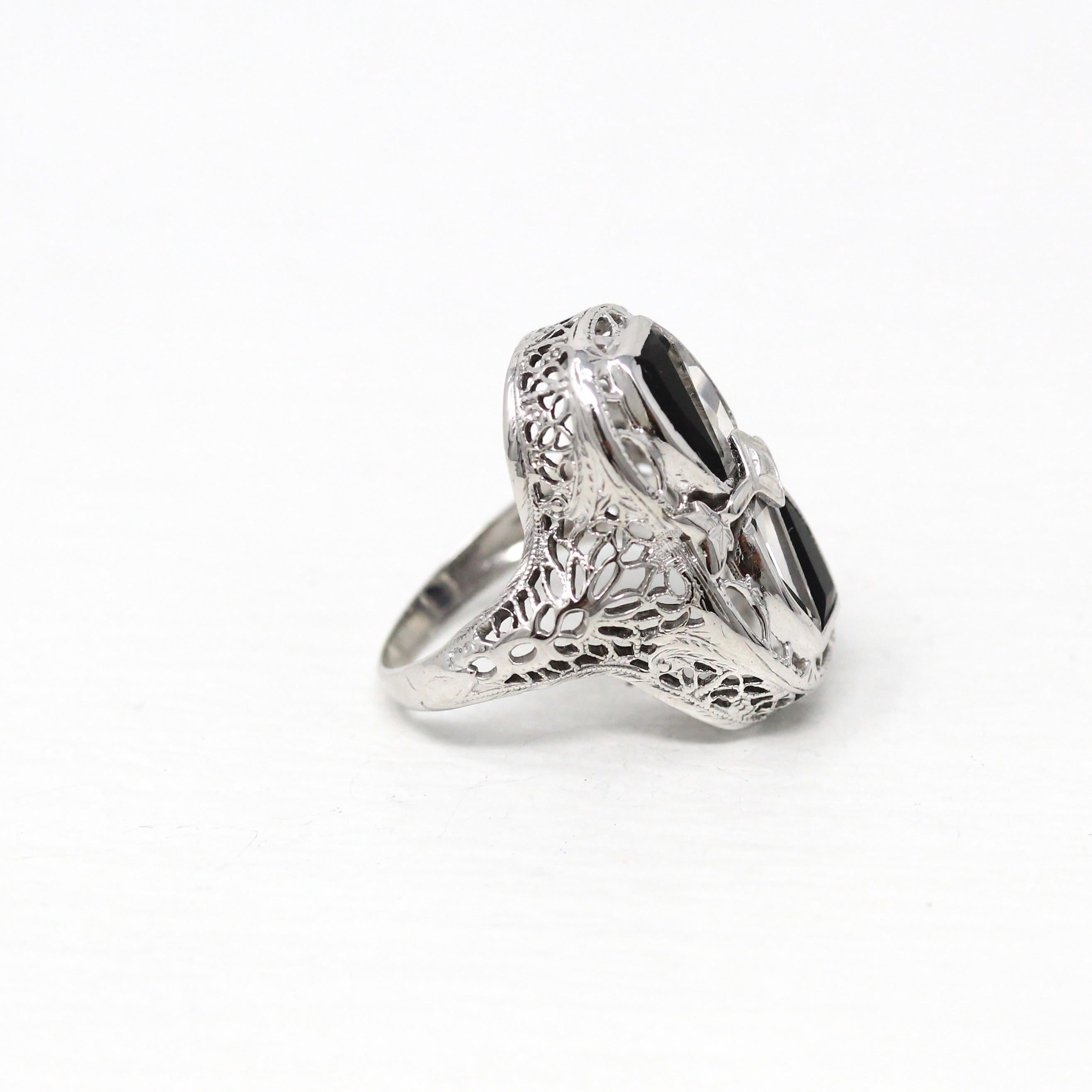 Black & White Art Deco Ring - Vintage 14k White Gold Fancy Cut Black Onyx Created White Sapphire - 1930s Size 3 1/2 Filigree Fine Jewelry