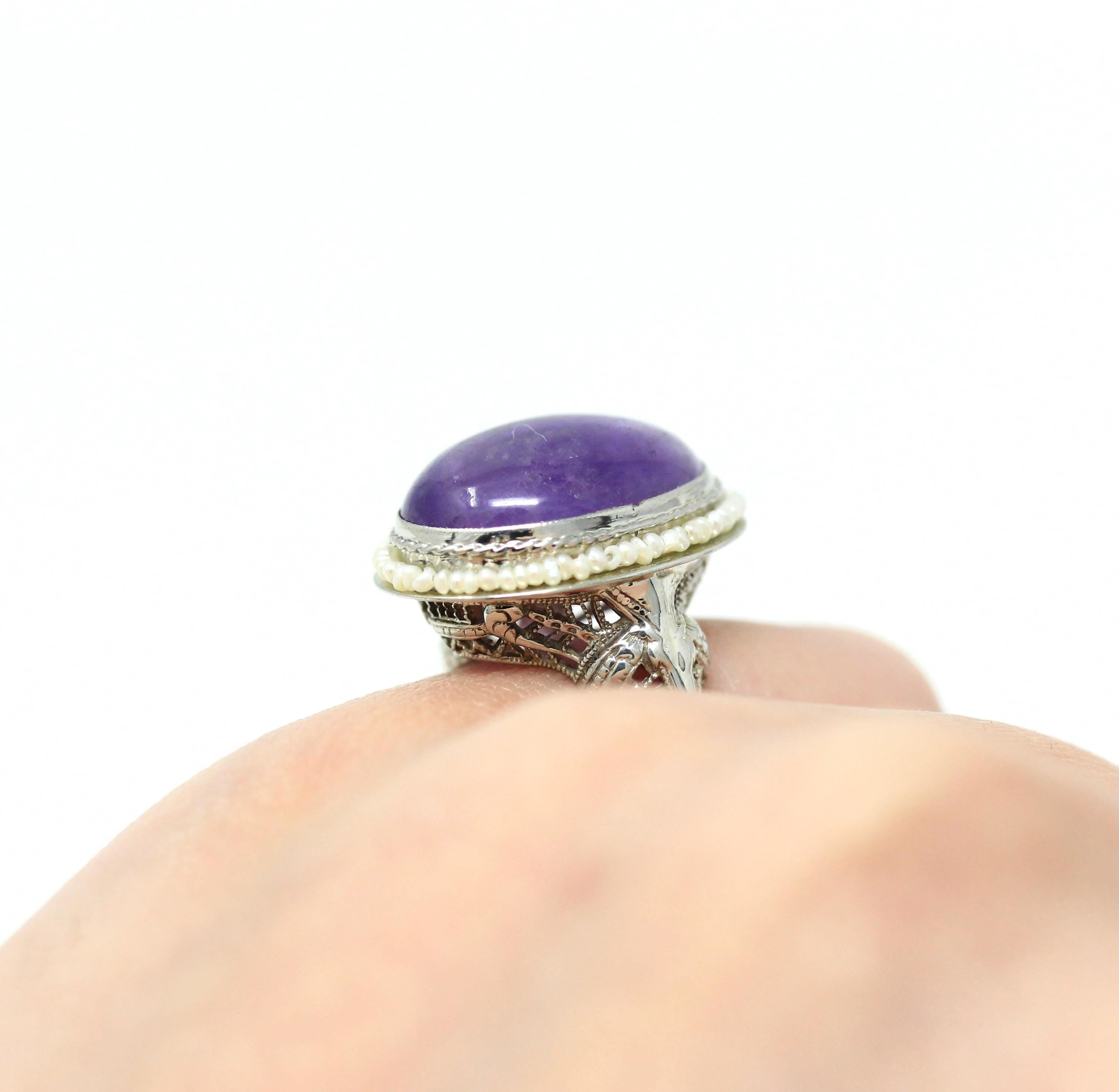 Vintage Amethyst Ring - Art Deco 1930s 10k White Gold Filigree Purple Cabochon Seed Pearl Halo - Antique Size 3 1/4 Filigree Fine Jewelry