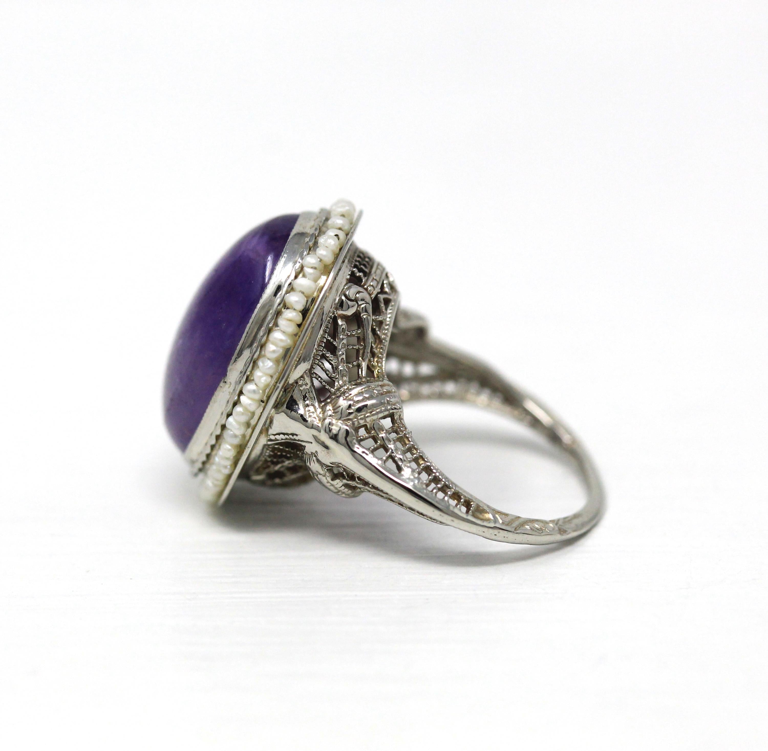 Vintage Amethyst Ring - Art Deco 1930s 10k White Gold Filigree Purple Cabochon Seed Pearl Halo - Antique Size 3 1/4 Filigree Fine Jewelry