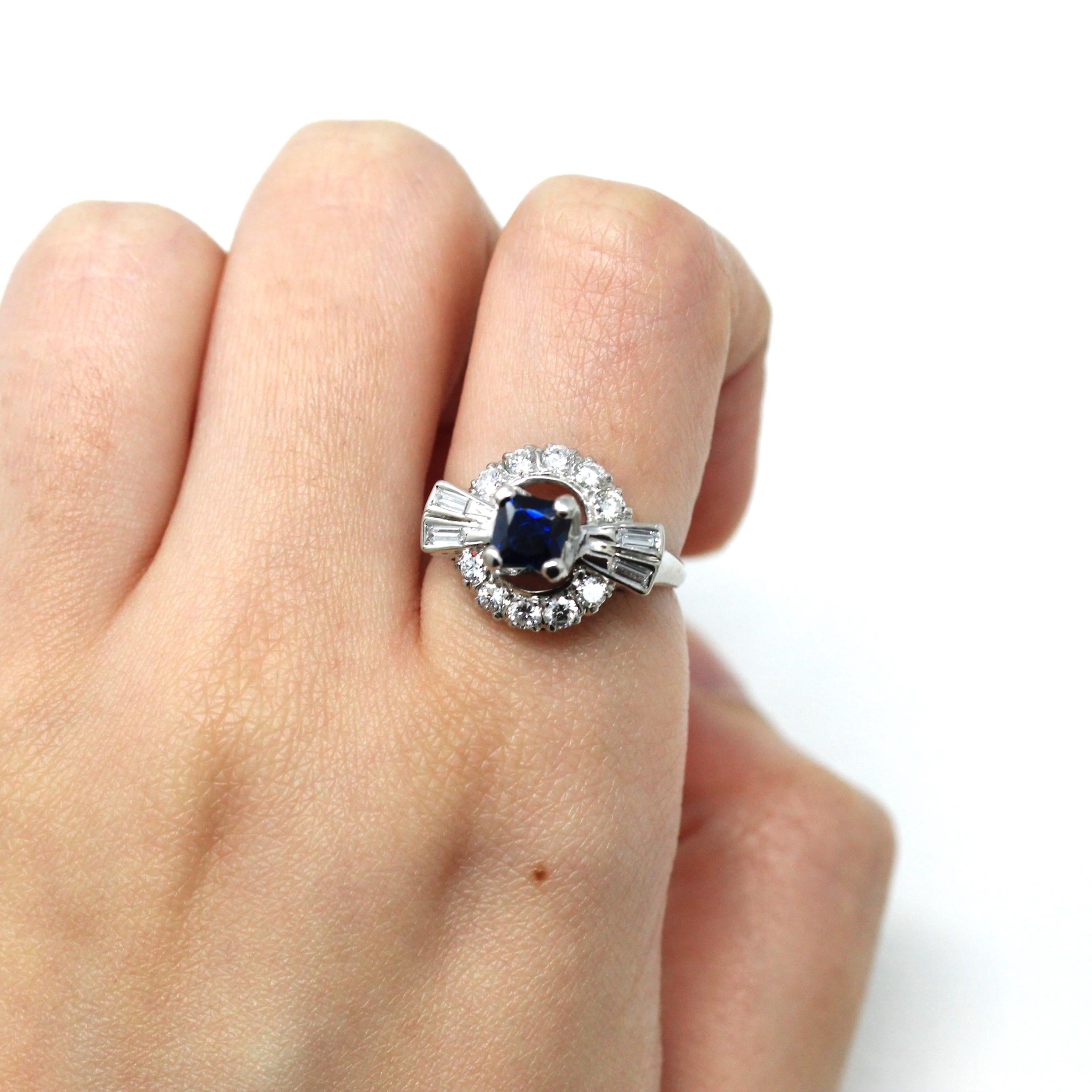 Sapphire & Diamond Halo Ring - 1980s Estate 14k White Gold .80 CT Blue Princess Round Baguette - Alternative Vintage Engagement Fine Jewelry
