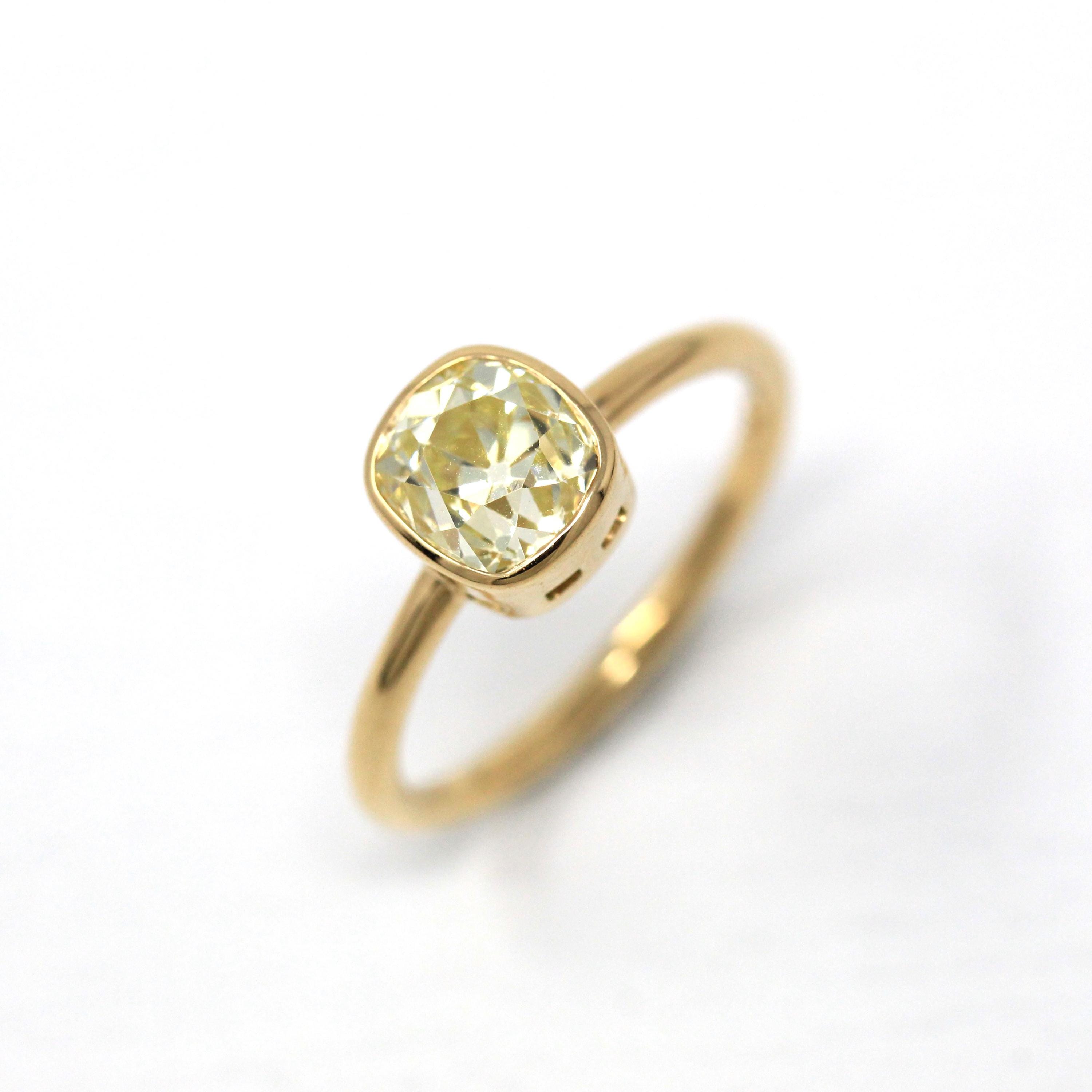 Antique 1.61 ct Old Mine Cut Diamond Engagement Ring - 18k Yellow Gold Bezel Fancy Light Yellow Gem - Size 6 GIA Report Fine Cushion Jewelry