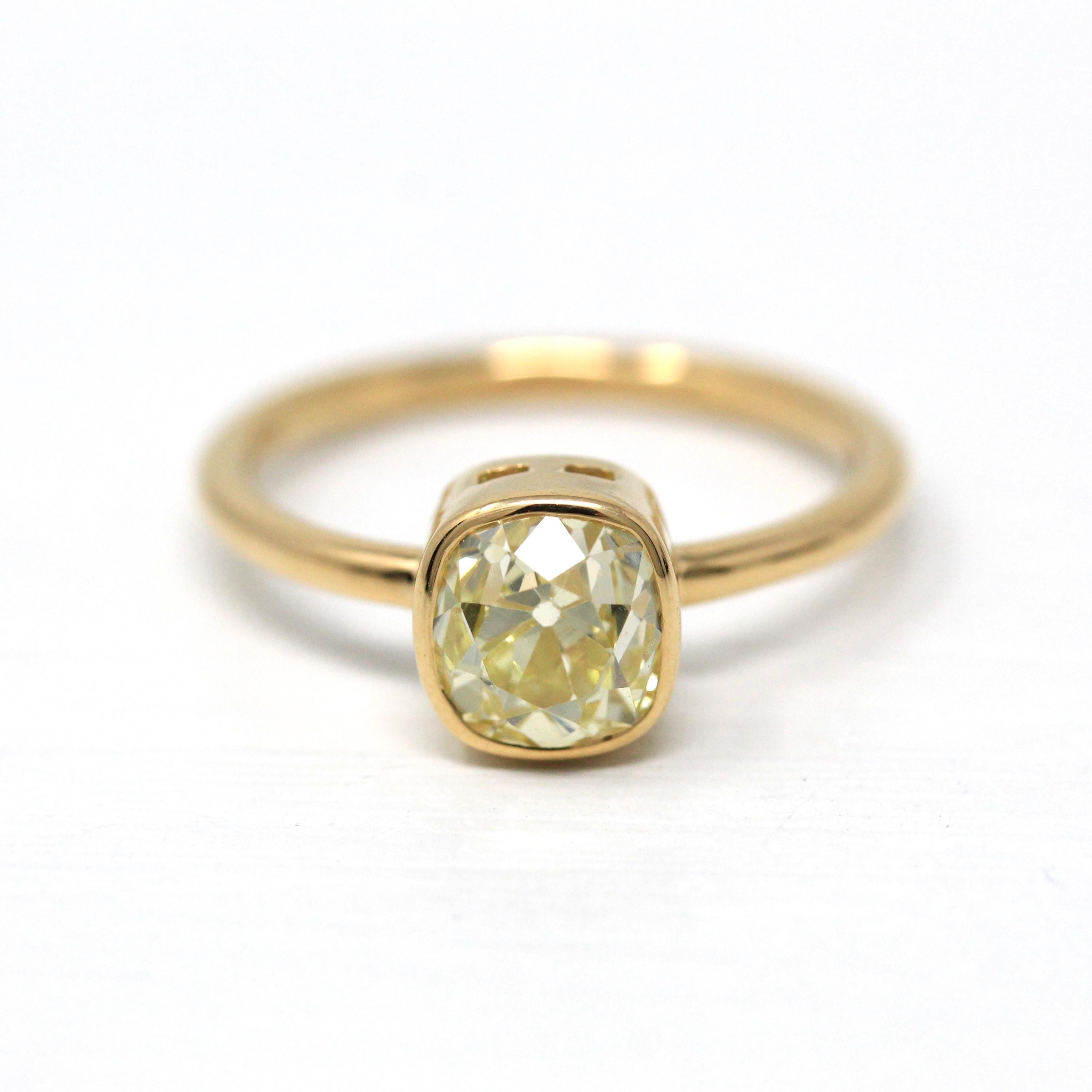 Antique 1.61 ct Old Mine Cut Diamond Engagement Ring - 18k Yellow Gold Bezel Fancy Light Yellow Gem - Size 6 GIA Report Fine Cushion Jewelry