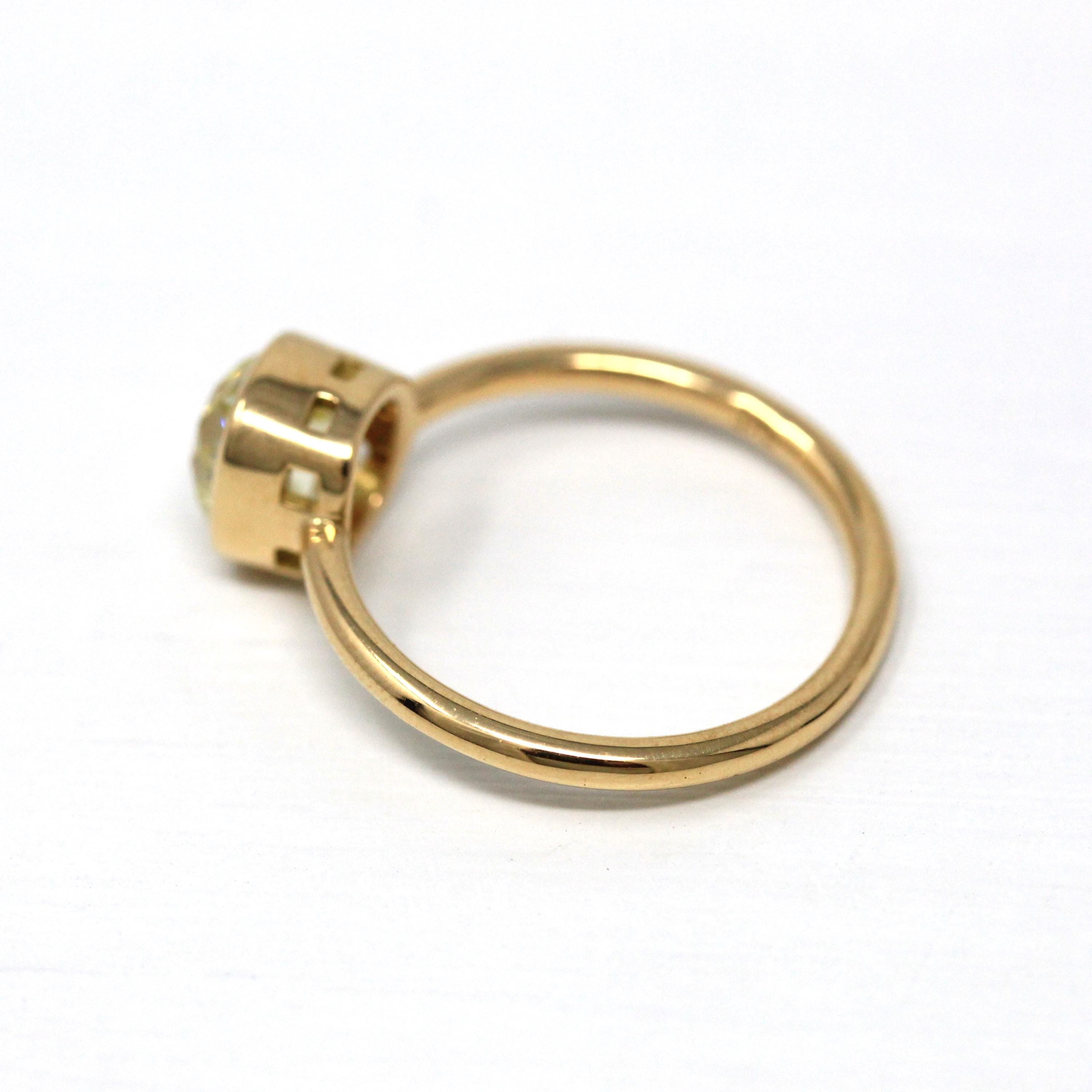 Antique 1.61 ct Old Mine Cut Diamond Engagement Ring - 18k Yellow Gold Bezel Fancy Light Yellow Gem - Size 6 GIA Report Fine Cushion Jewelry